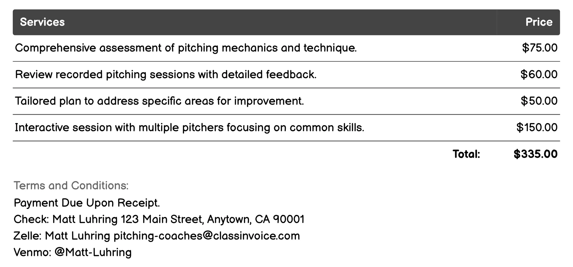 Performance Feedback Invoice Example