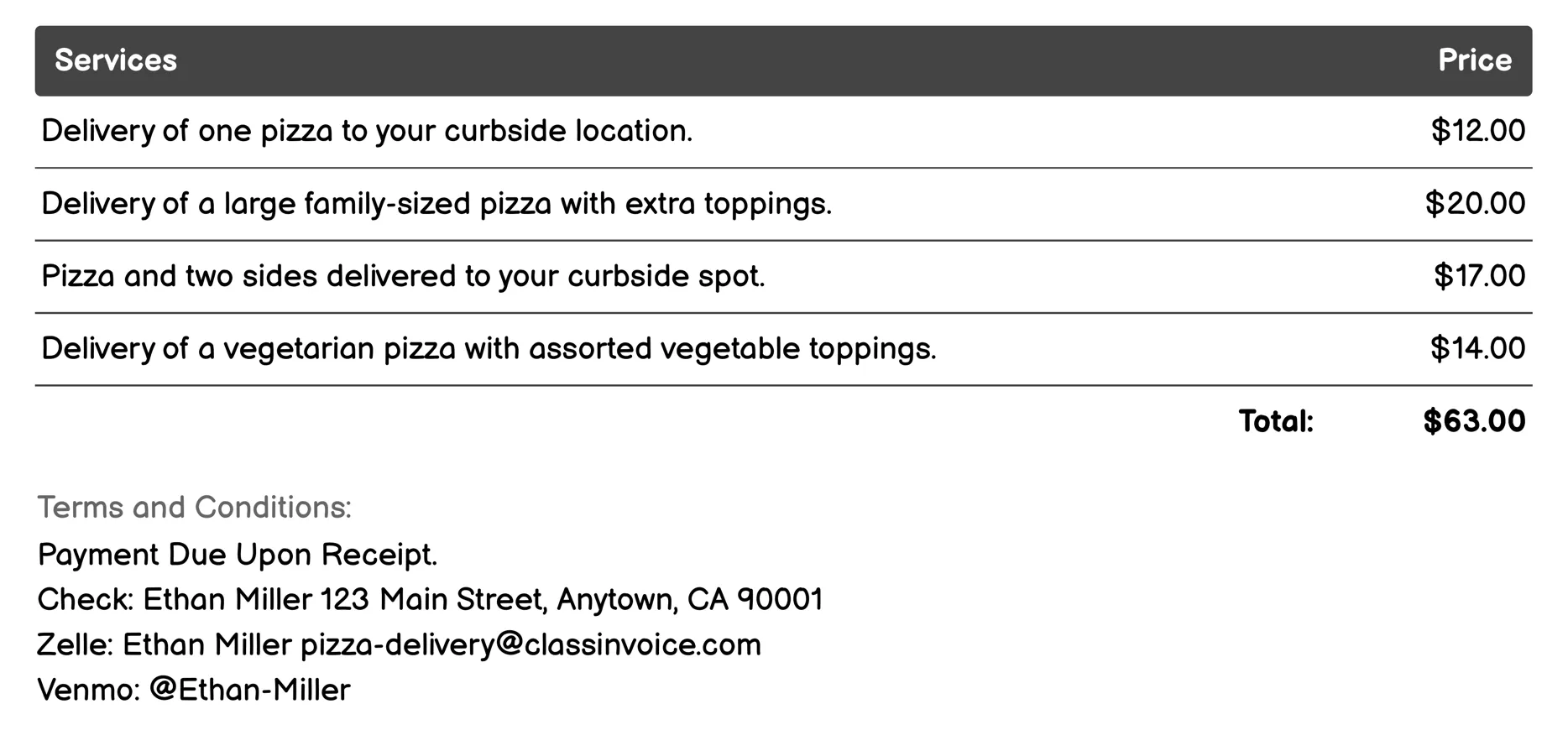 Curbside Pickup Invoice Example