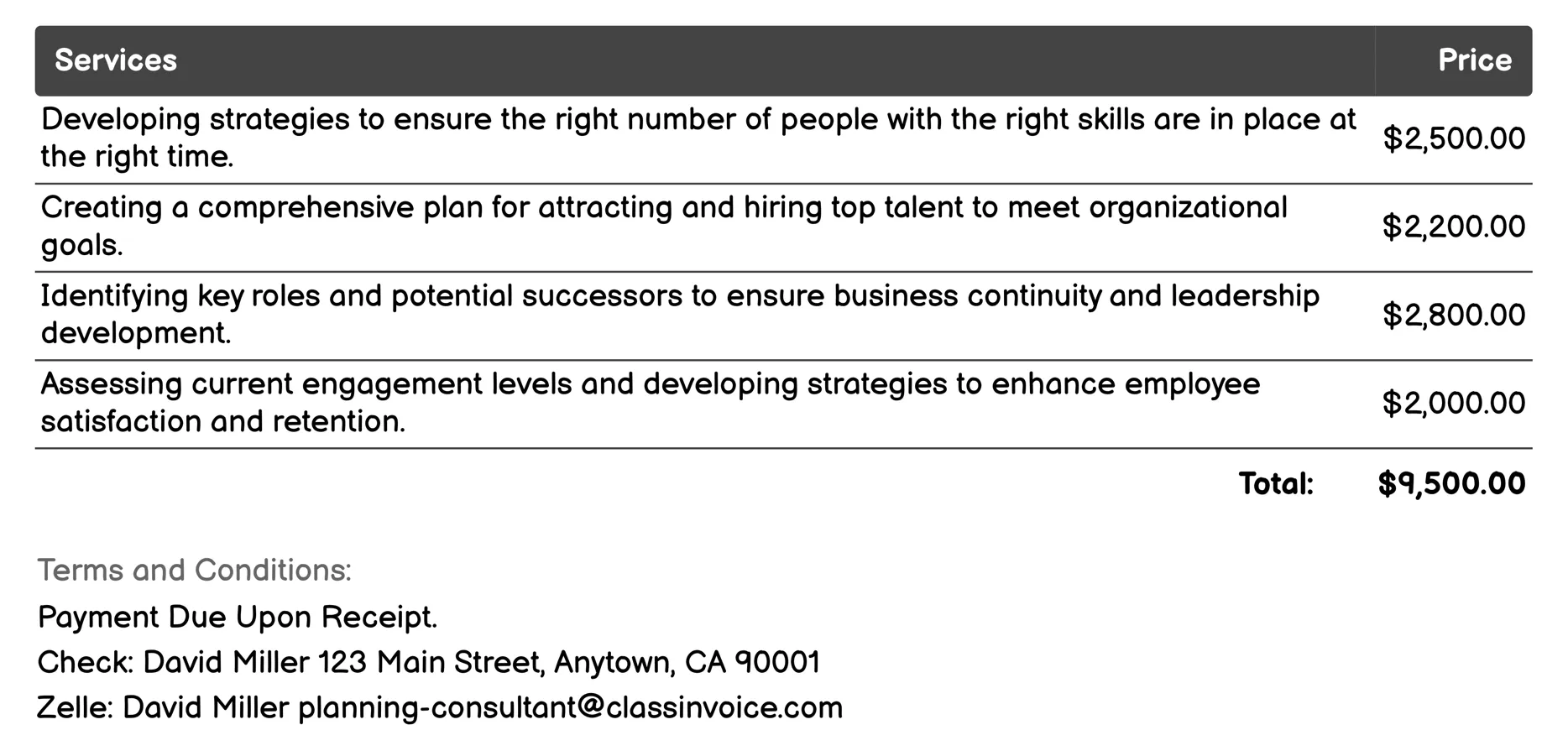 HR and Talent Management Planning Invoice Example