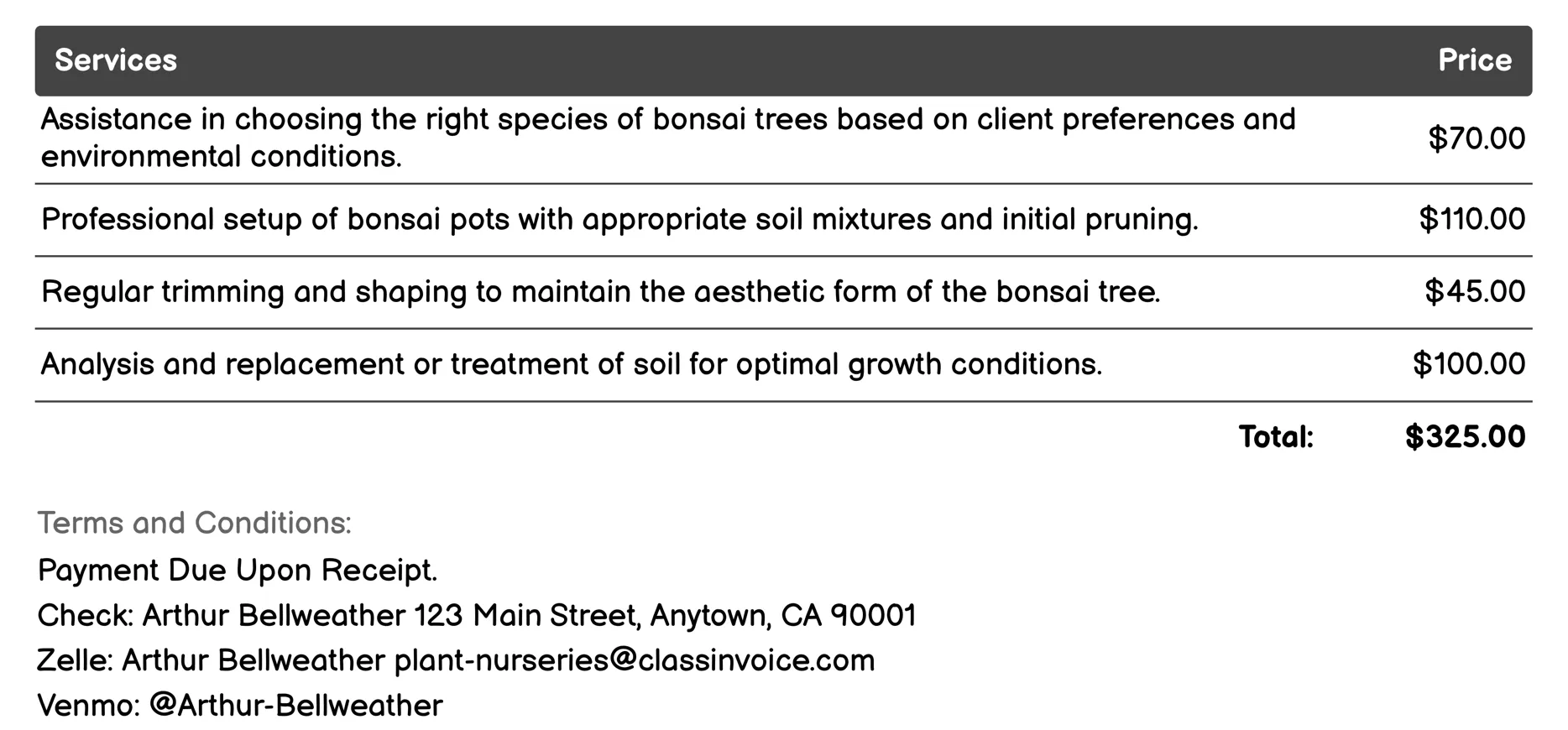 Bonsai Cultivation Invoice Example