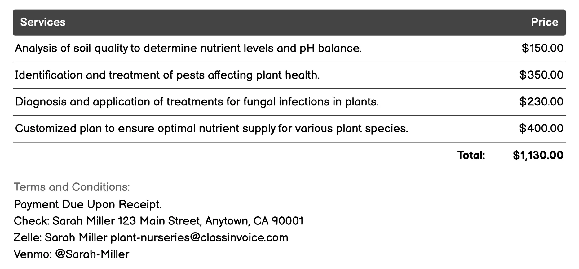Plant Health Care Services Invoice Example