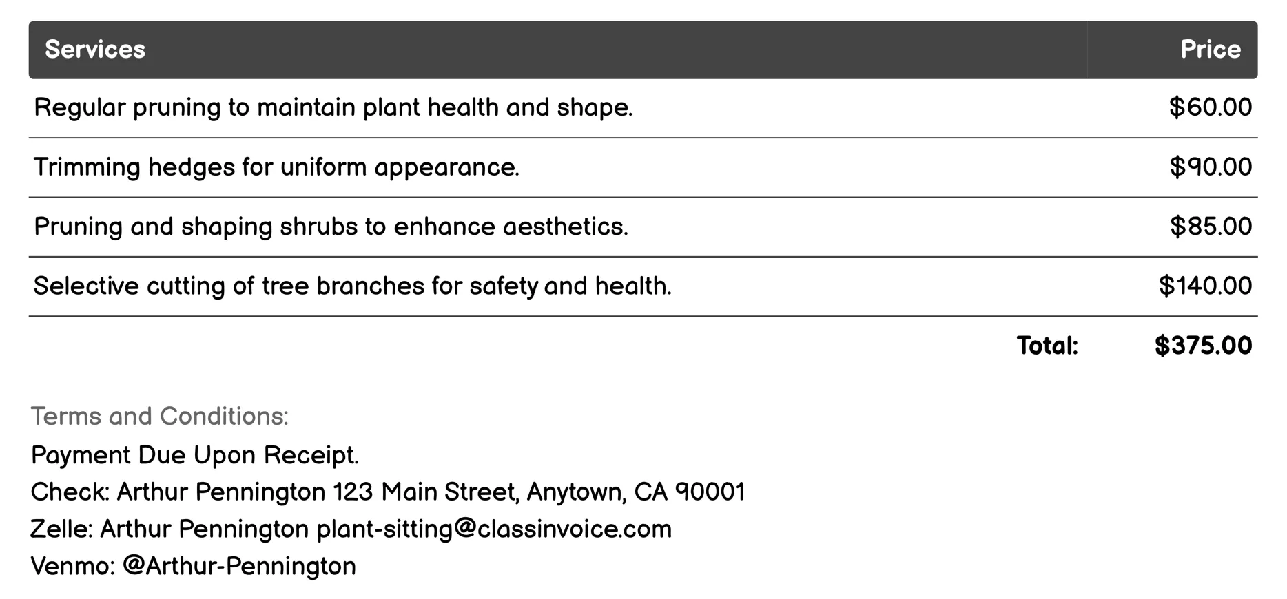 Pruning and Trimming Invoice Example
