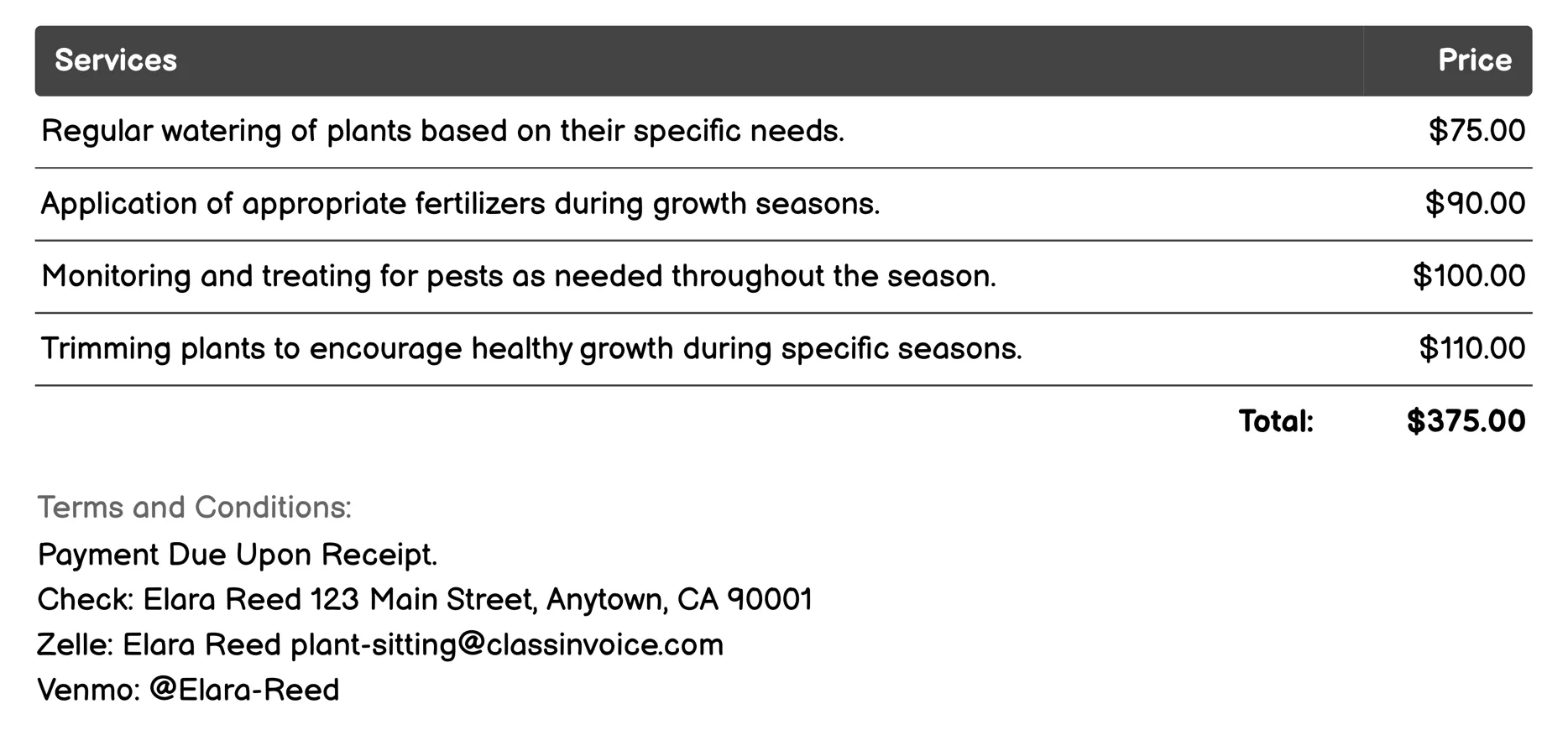 Seasonal Adjustments Invoice Example