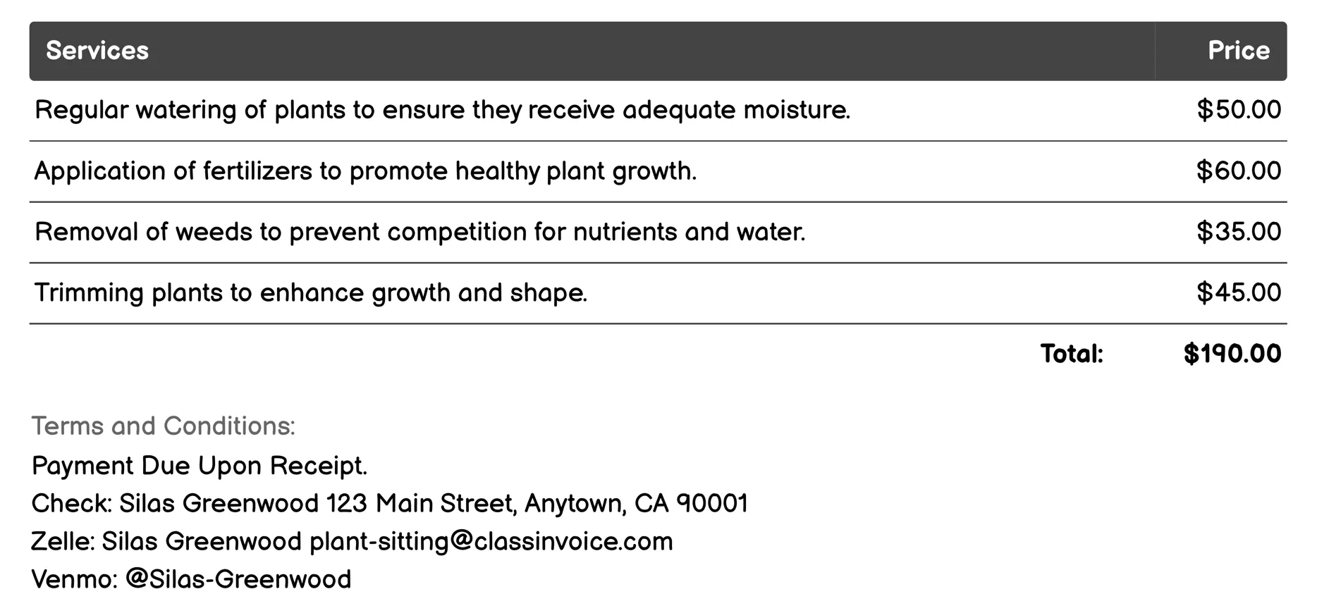 Soil Care Invoice Example