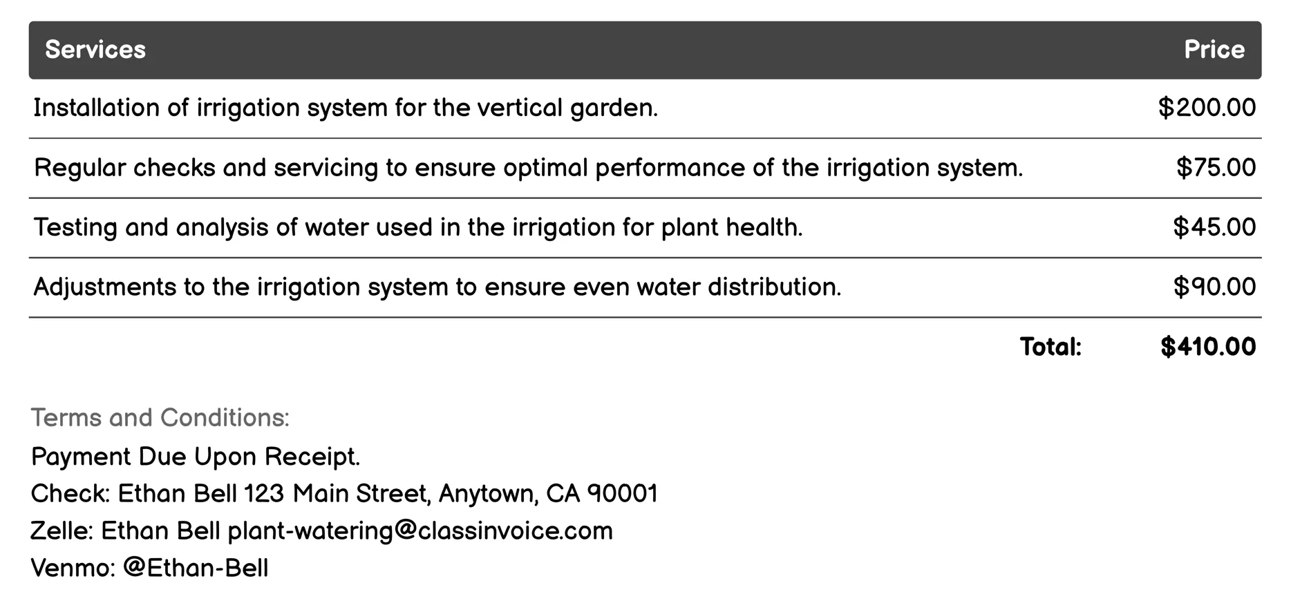 Vertical Garden Irrigation Invoice Example