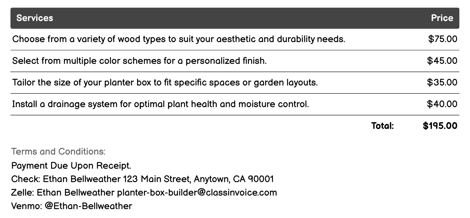 Customization Options Invoice Example