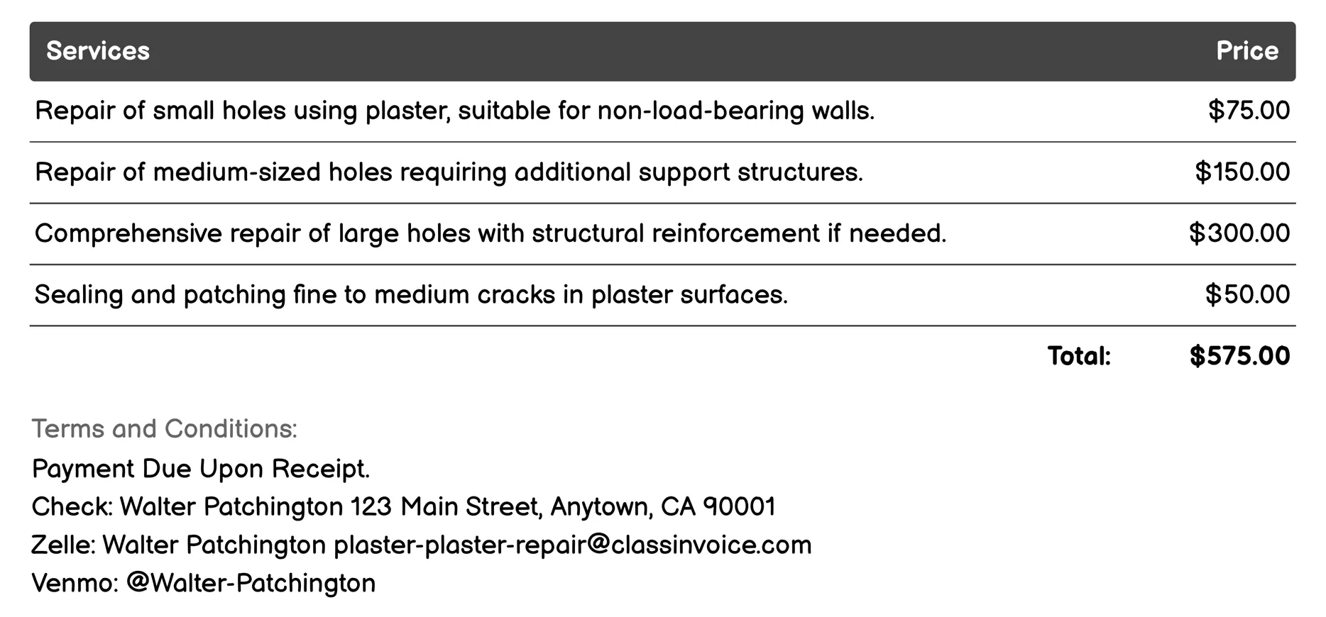 Hole Patching Invoice Example