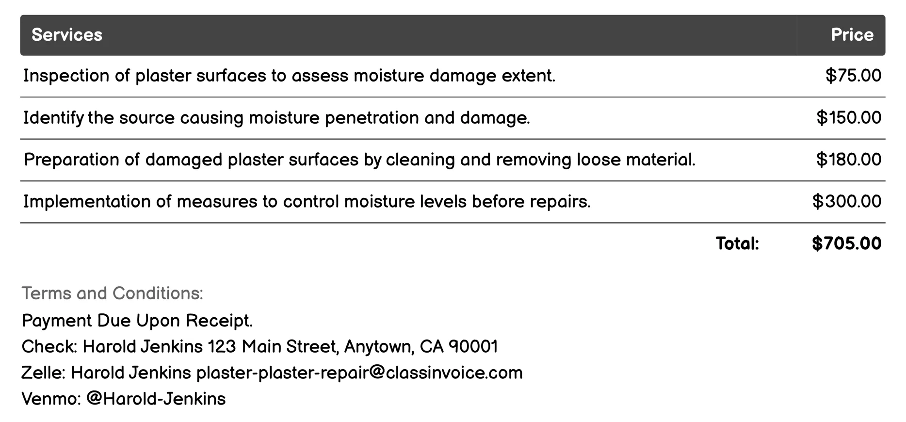 Moisture Damage Repair Invoice Example