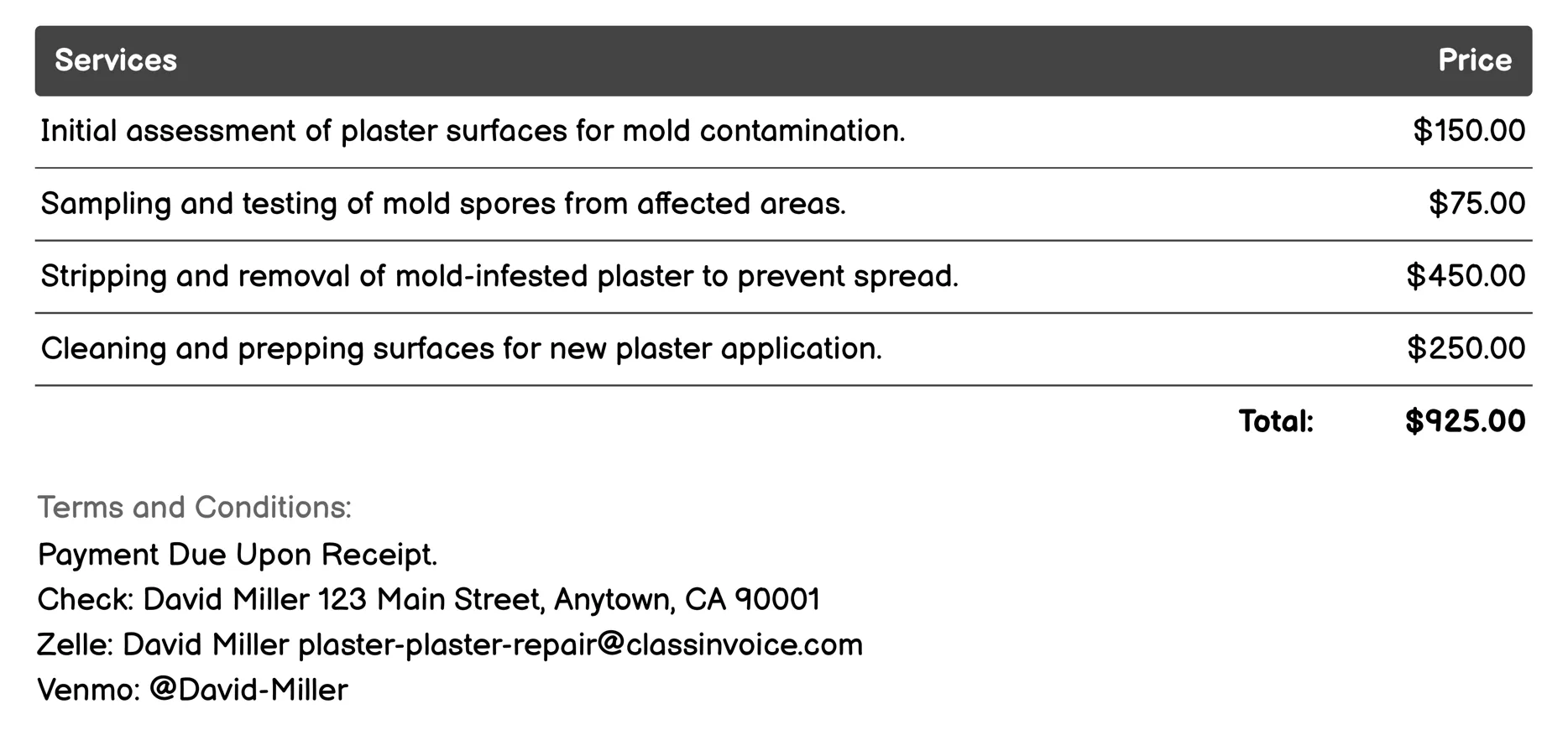 Mold Remediation Invoice Example