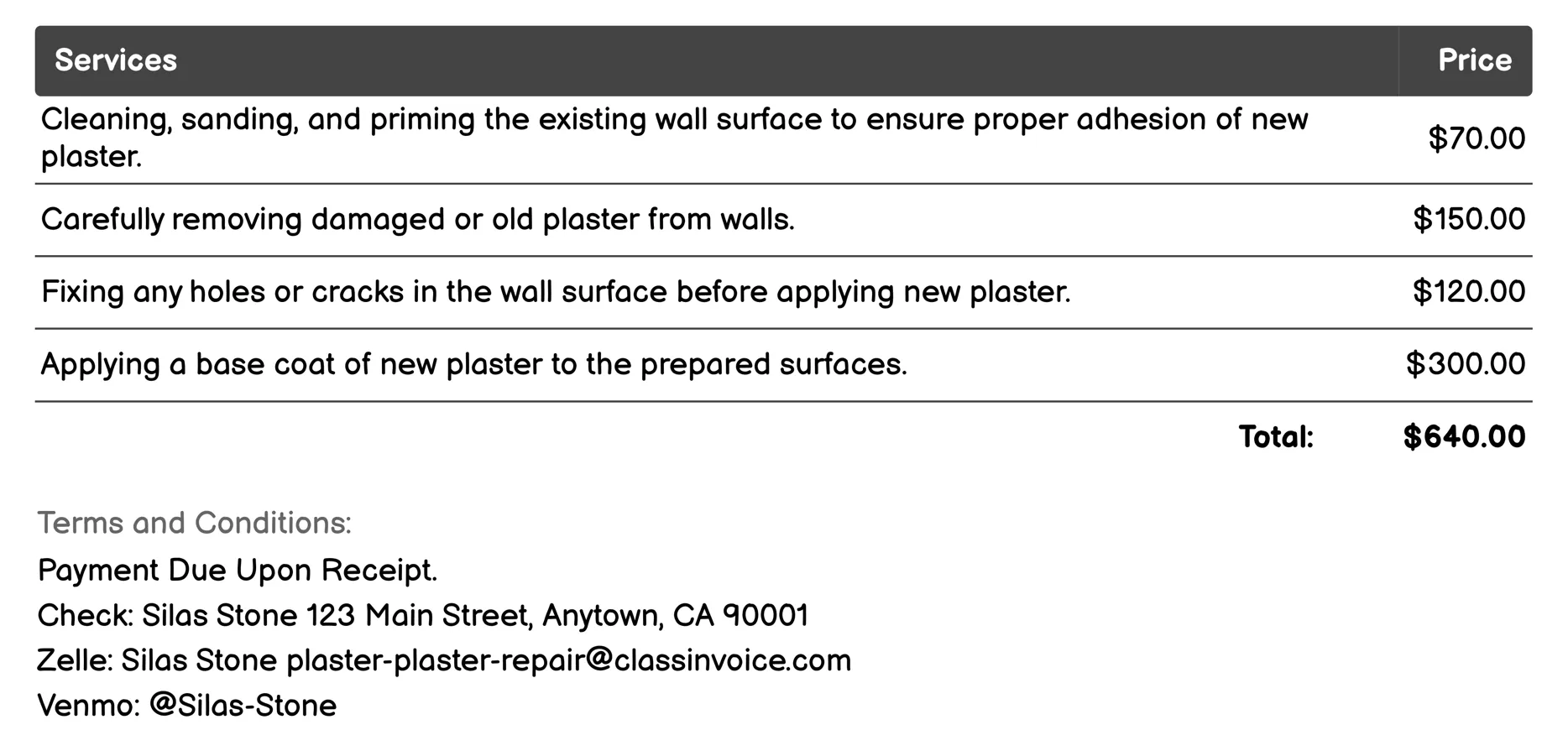 Plaster Replacement Invoice Example