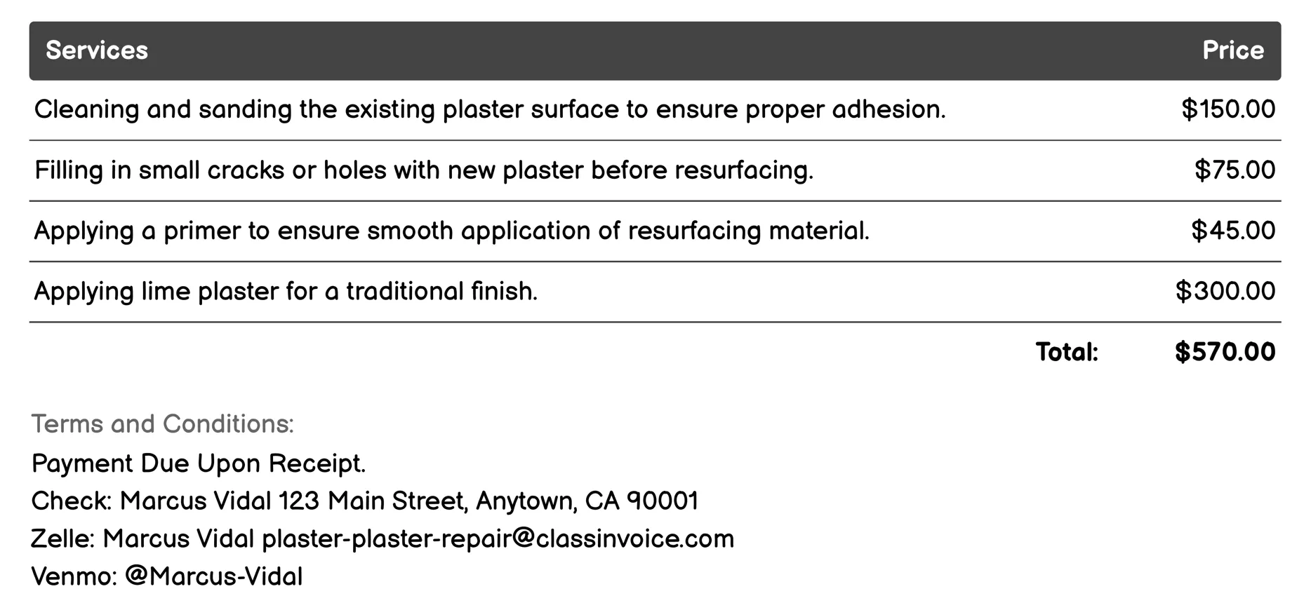Plaster Resurfacing Invoice Example