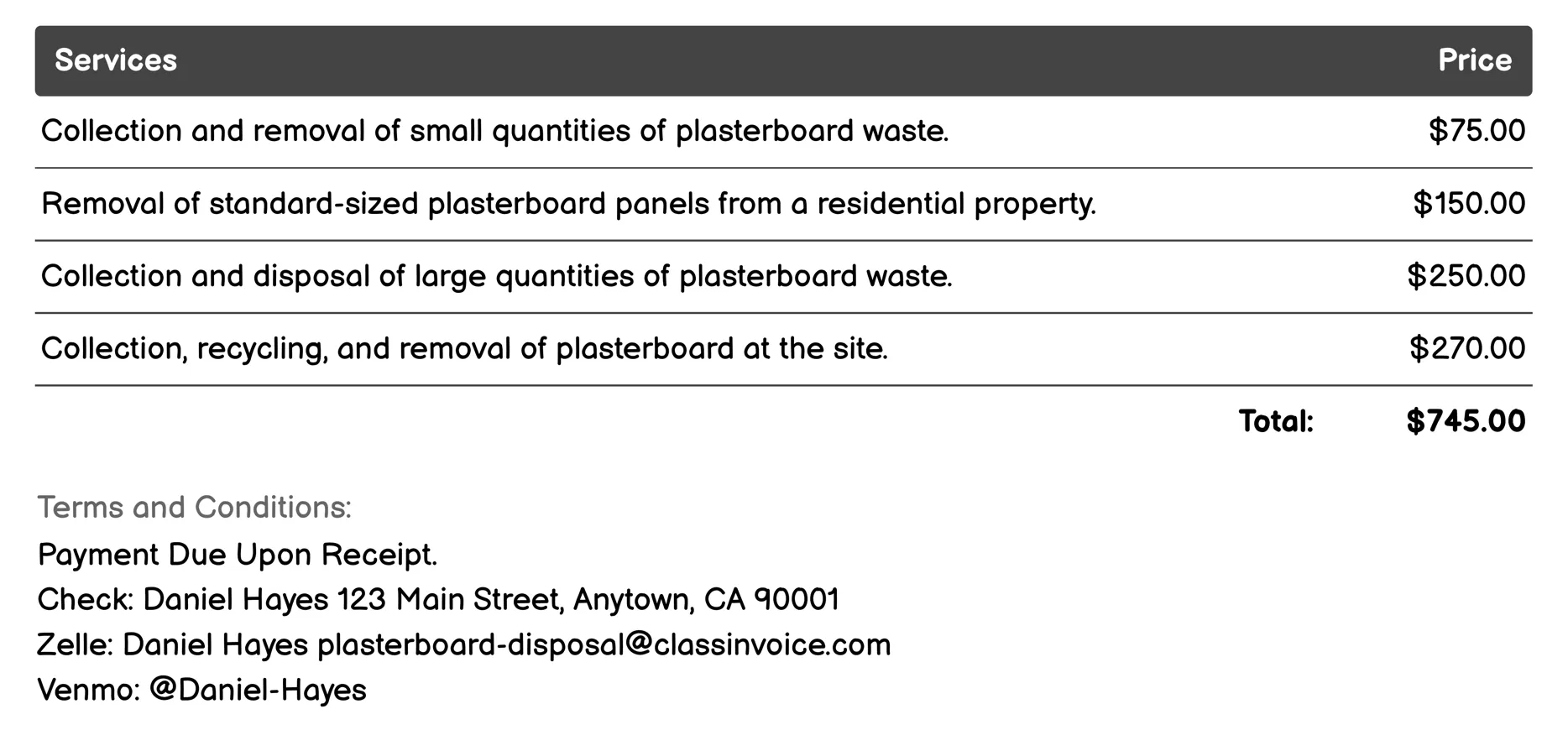 Collection and Removal Invoice Example