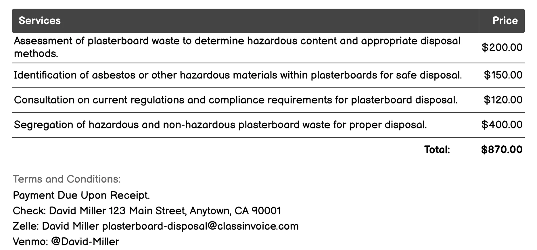 Environmental Compliance Invoice Example