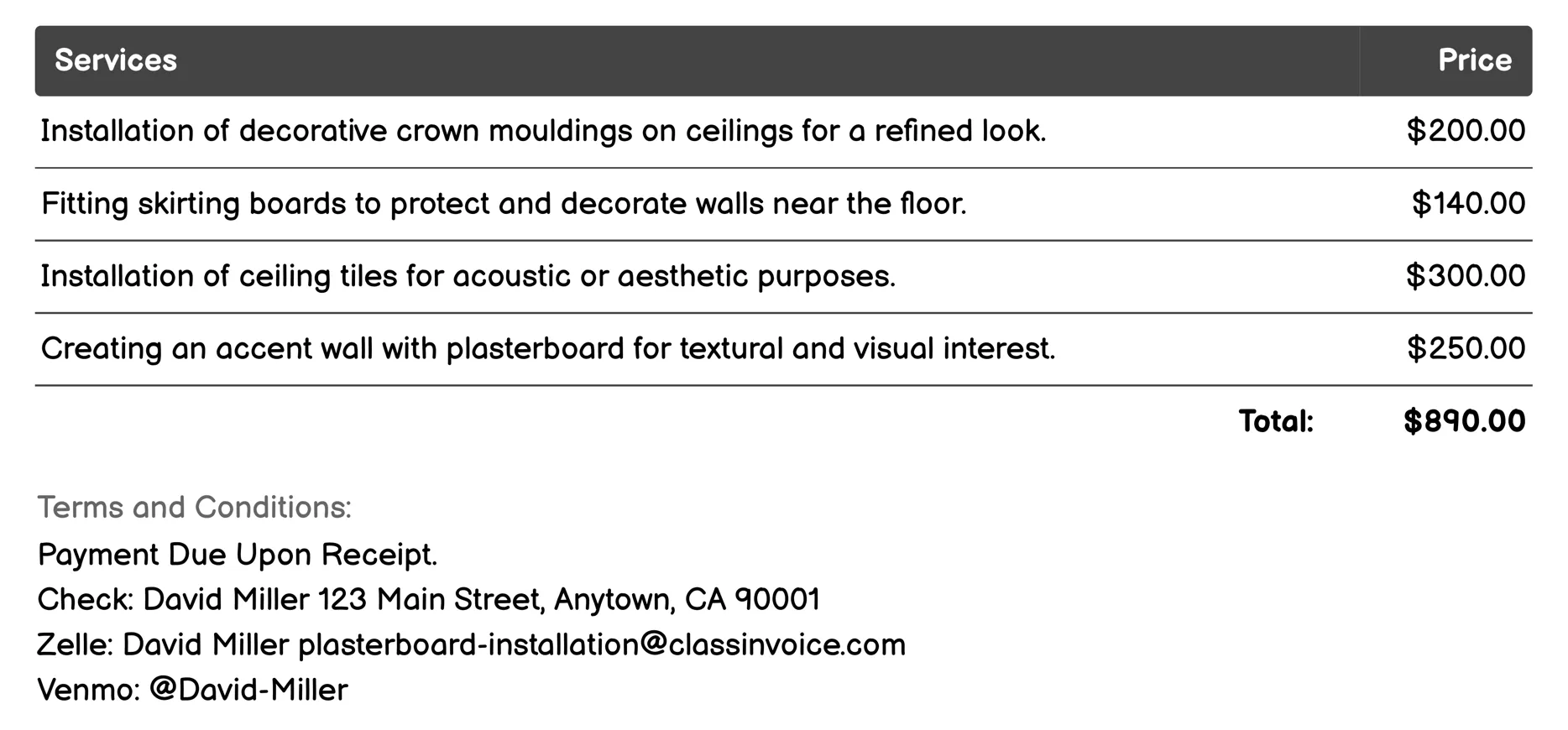 Architectural Plasterboard Features Invoice Example