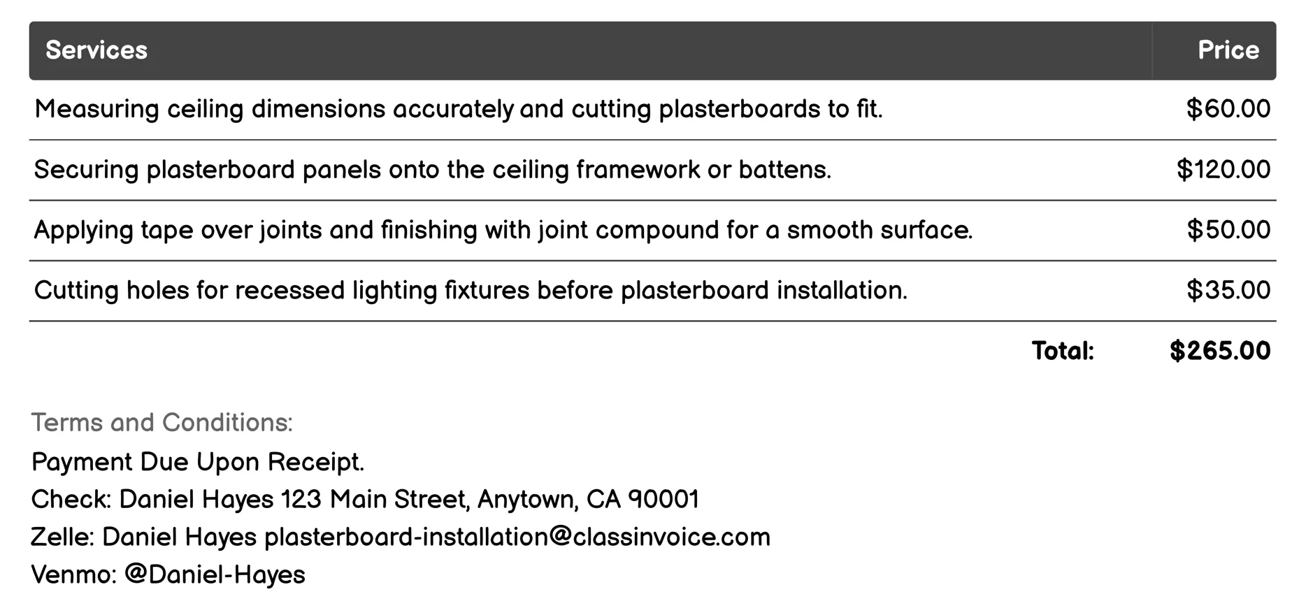 Ceiling Plasterboard Installation Invoice Example
