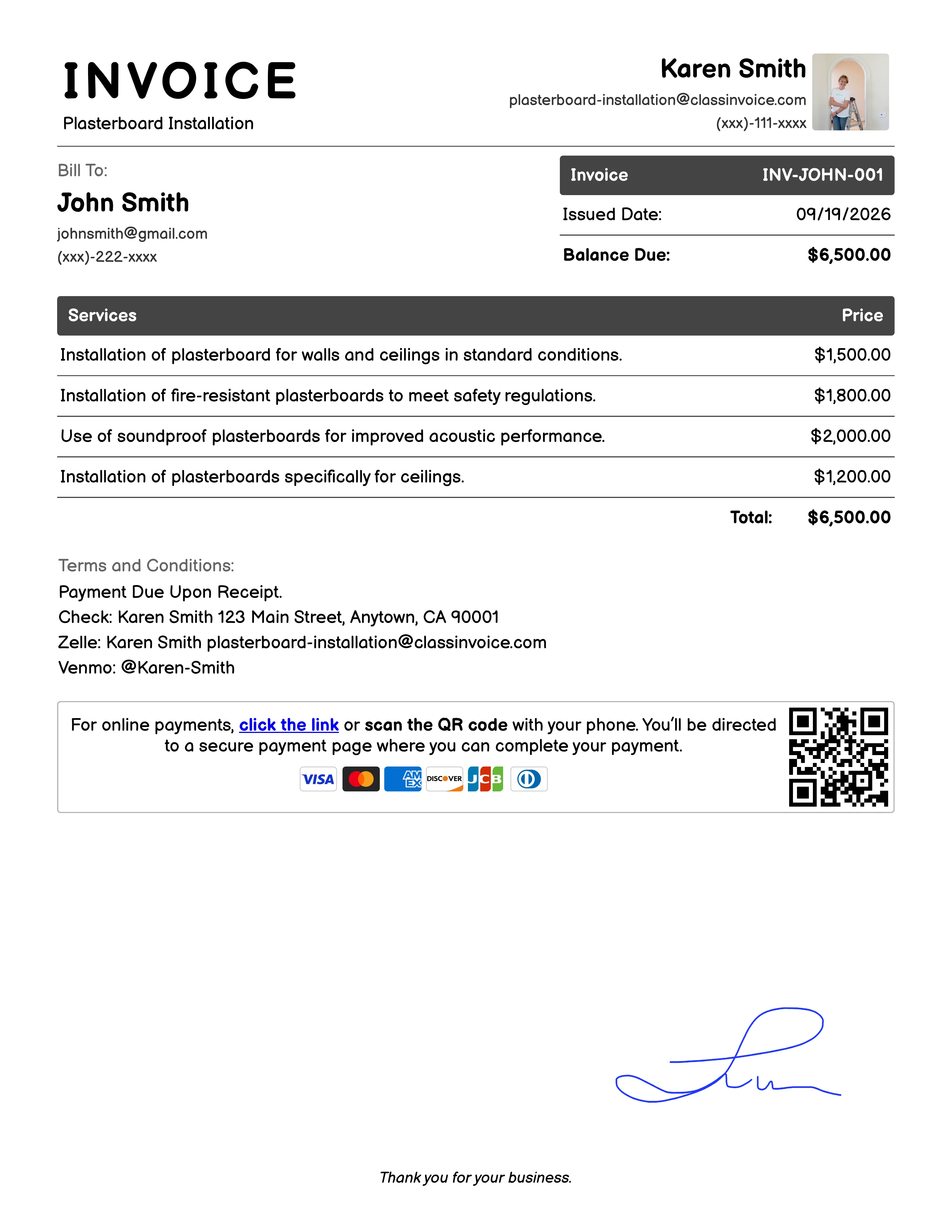 Plasterboard Installation Invoice Example