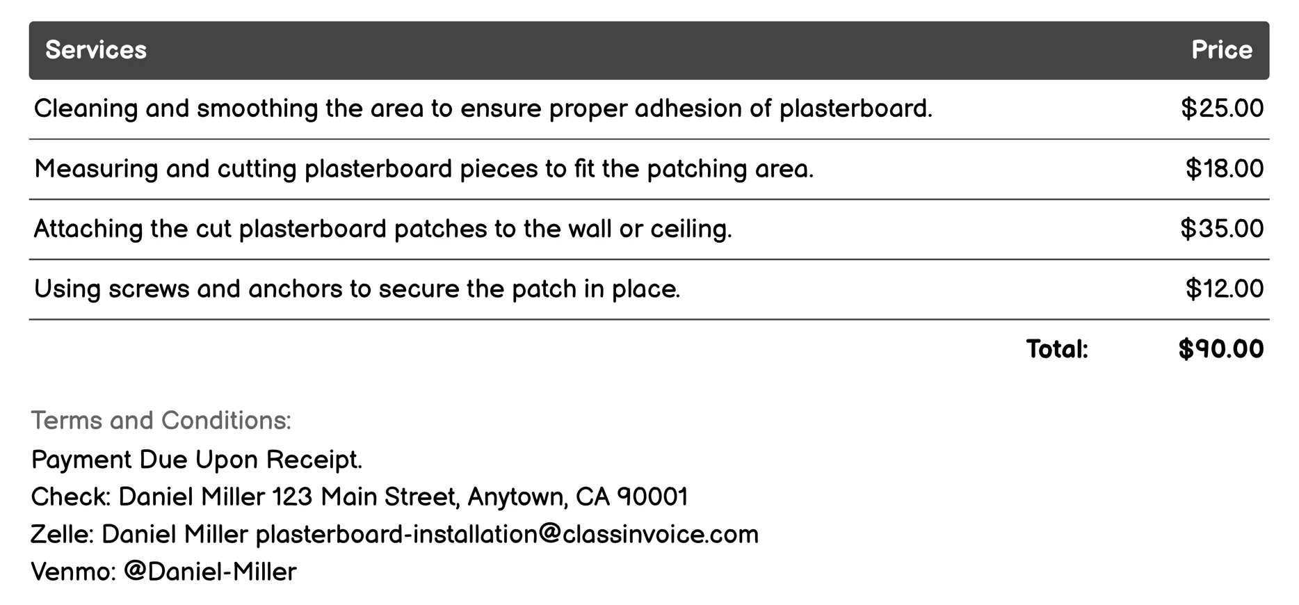 Plasterboard Patching and Repair Invoice Example