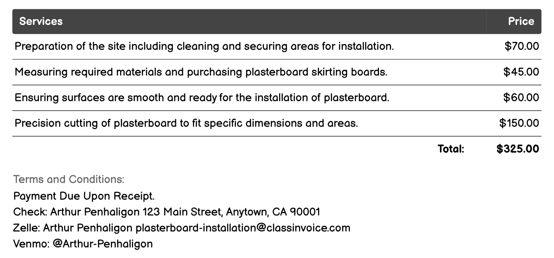Plasterboard Skirting Board Installation Invoice Example