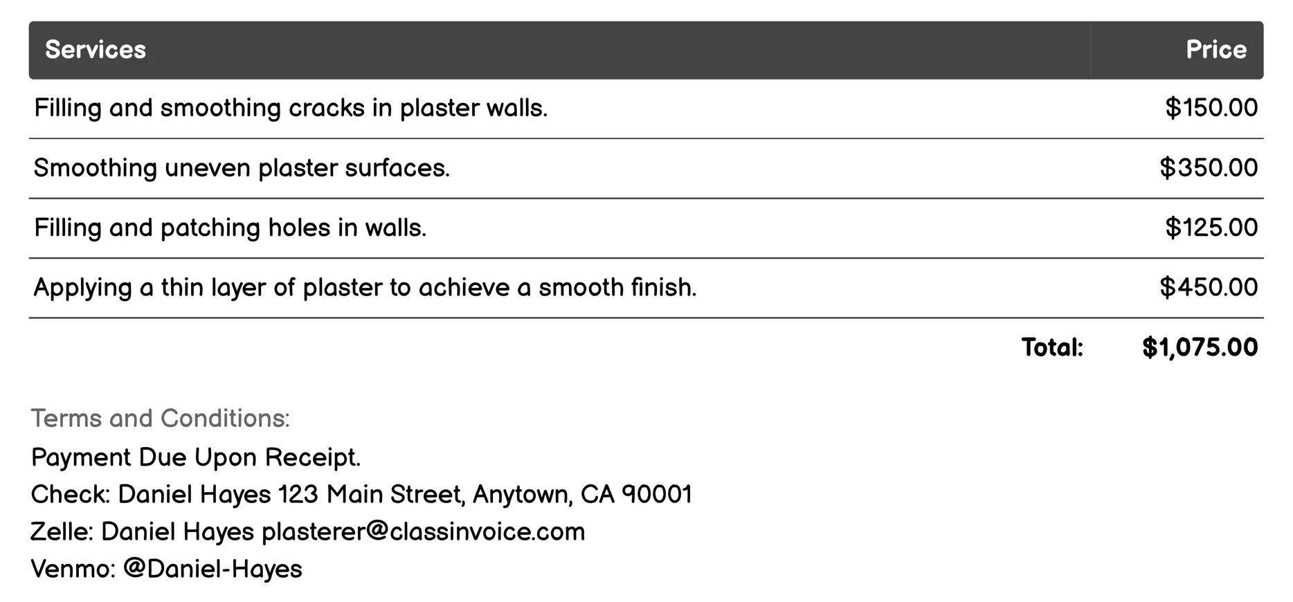 Plaster Repairs Invoice Example