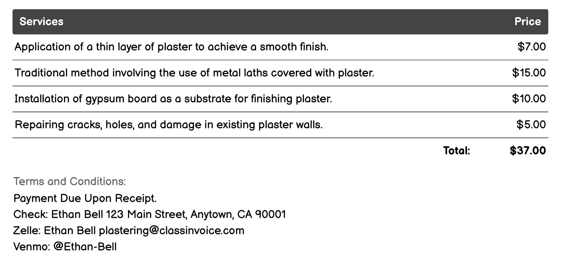 Interior Plastering Invoice Example