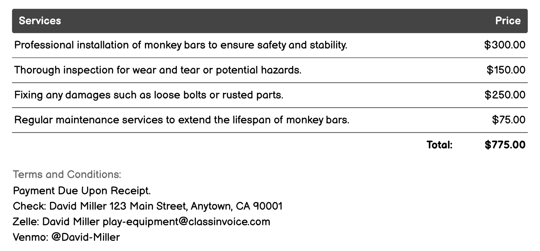 Monkey Bars Invoice Example