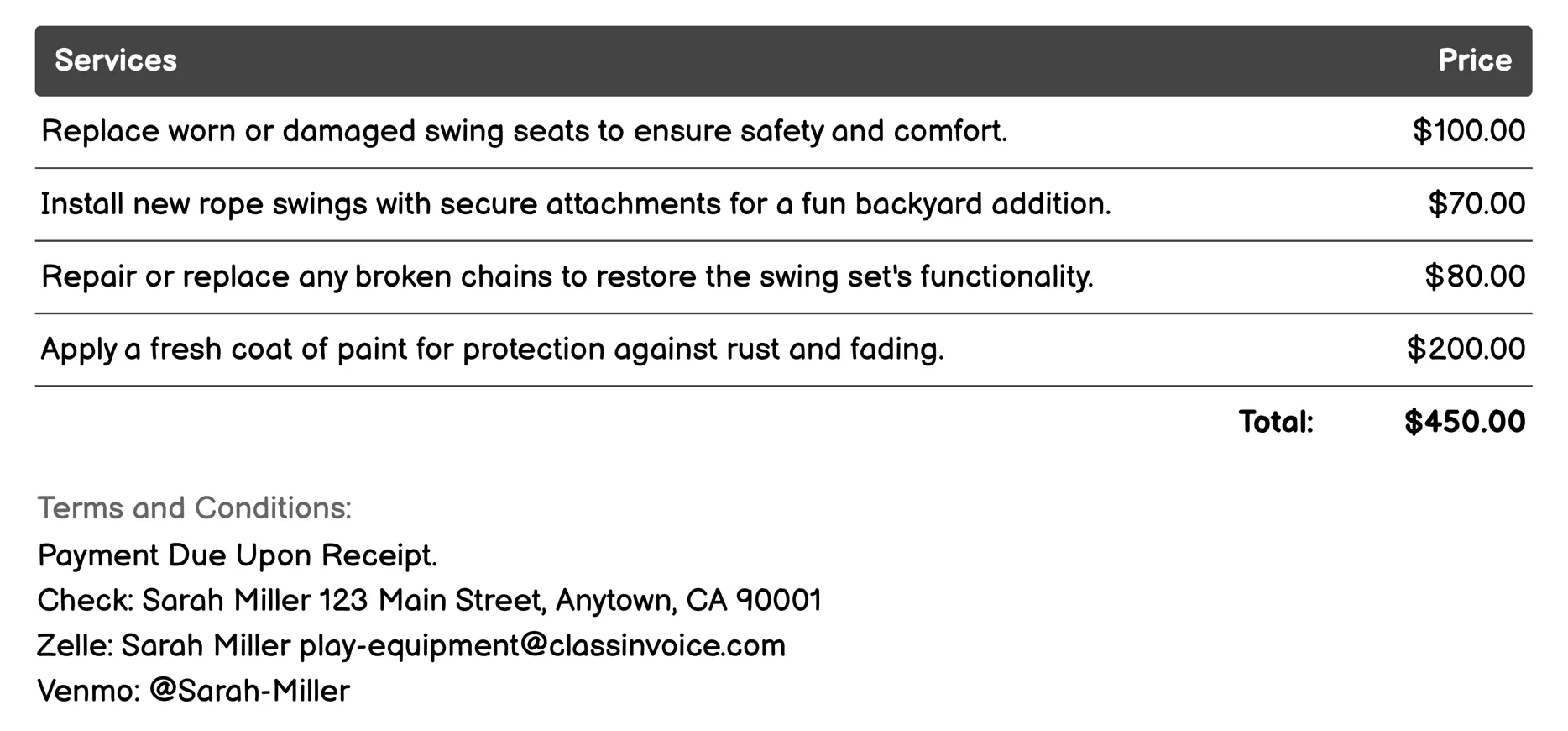 Swing Sets Invoice Example