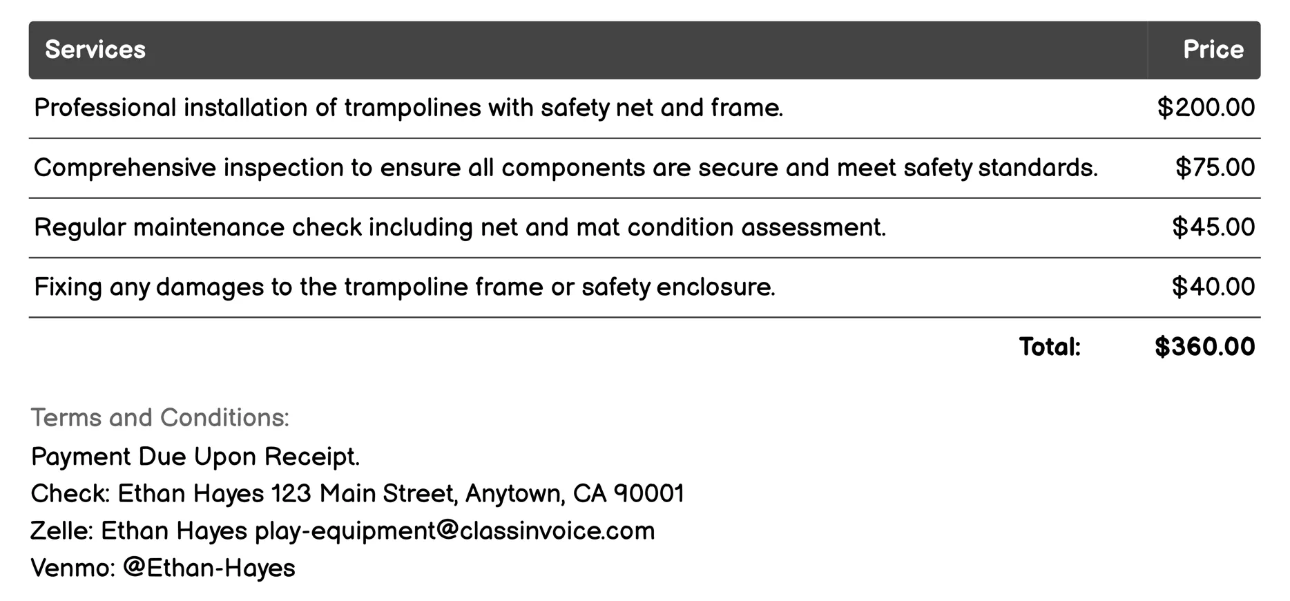 Trampolines Invoice Example