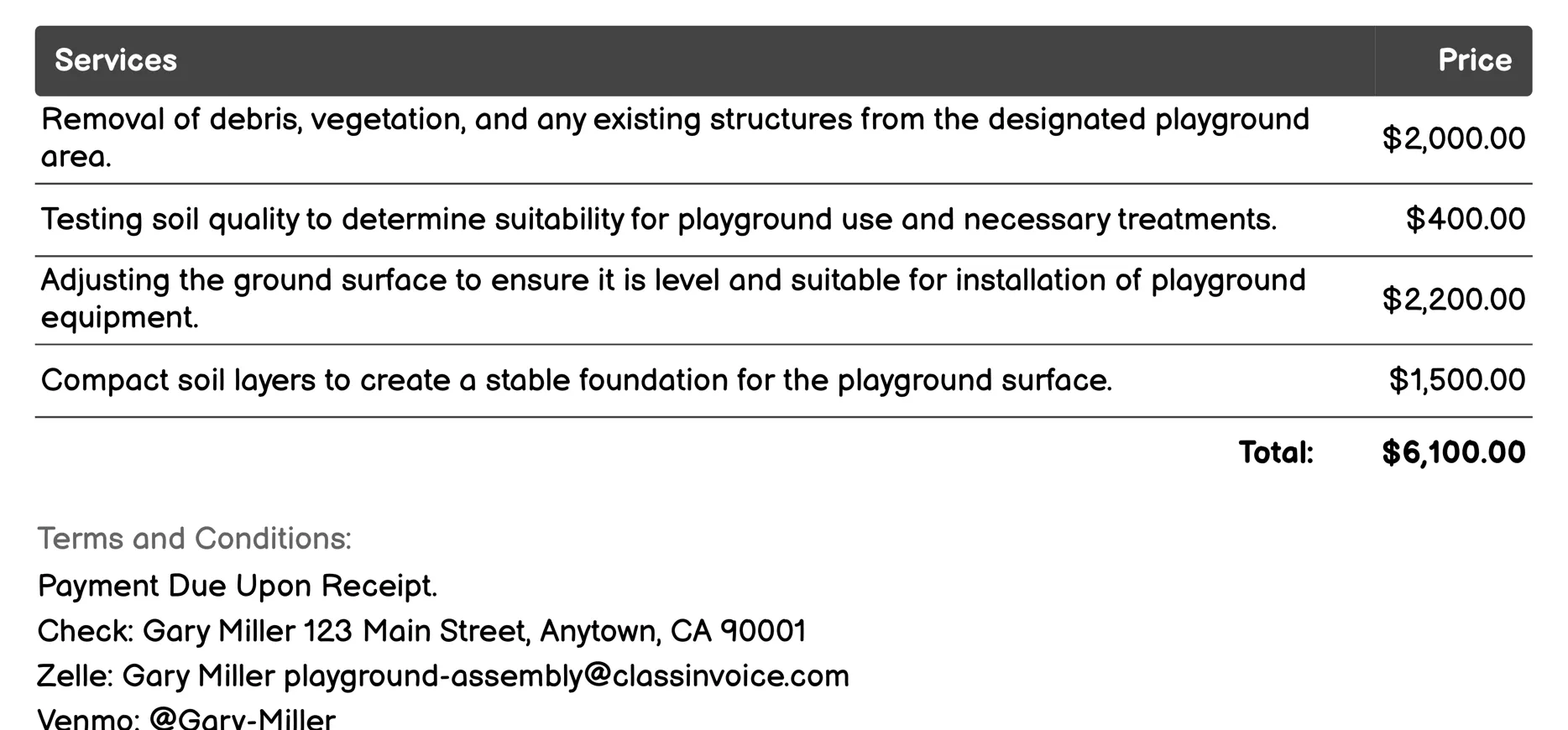 Ground Preparation Invoice Example