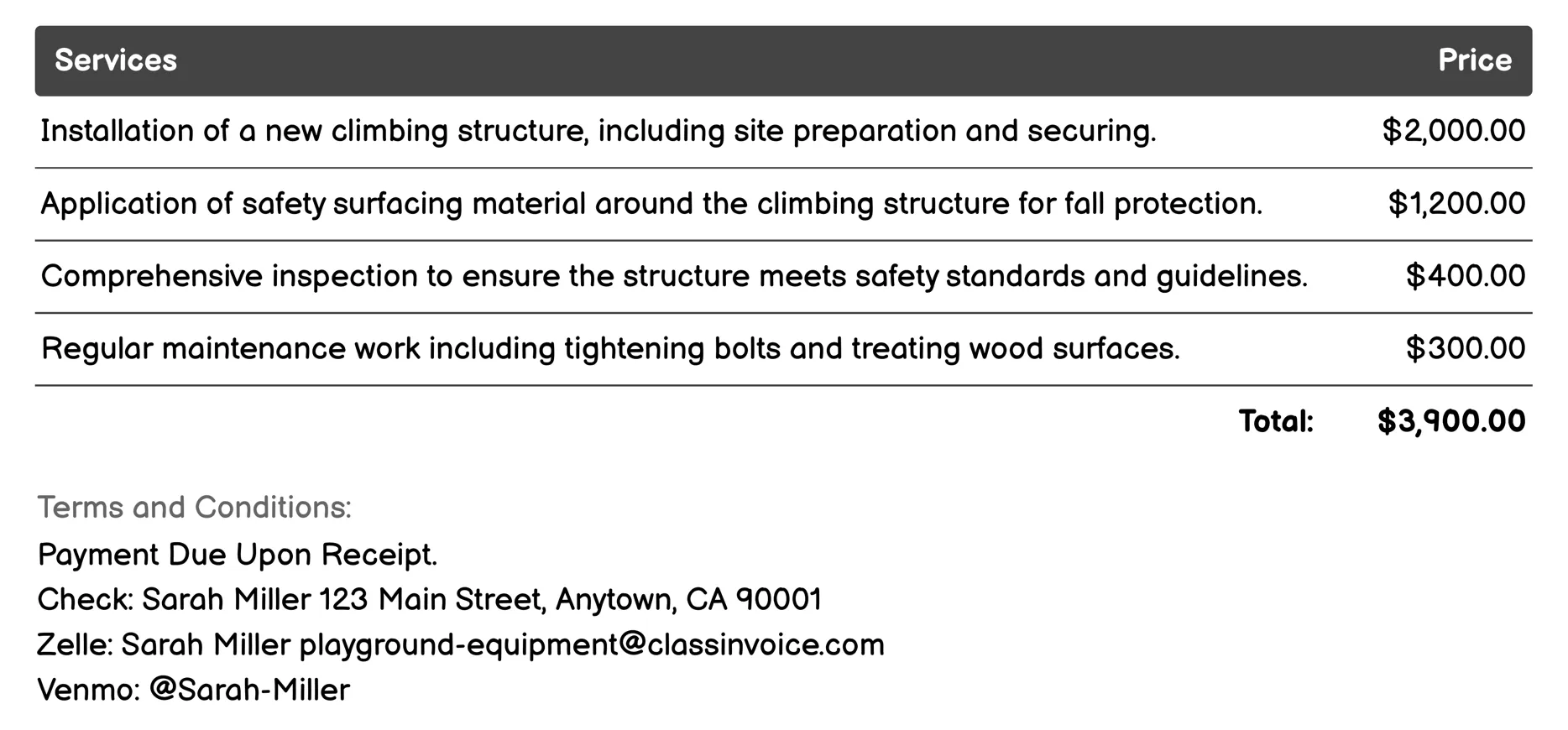 Climbing Structures Invoice Example