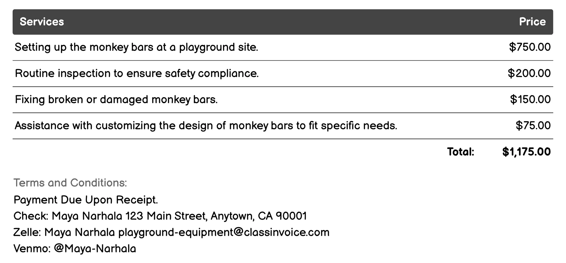 Monkey Bars Invoice Example