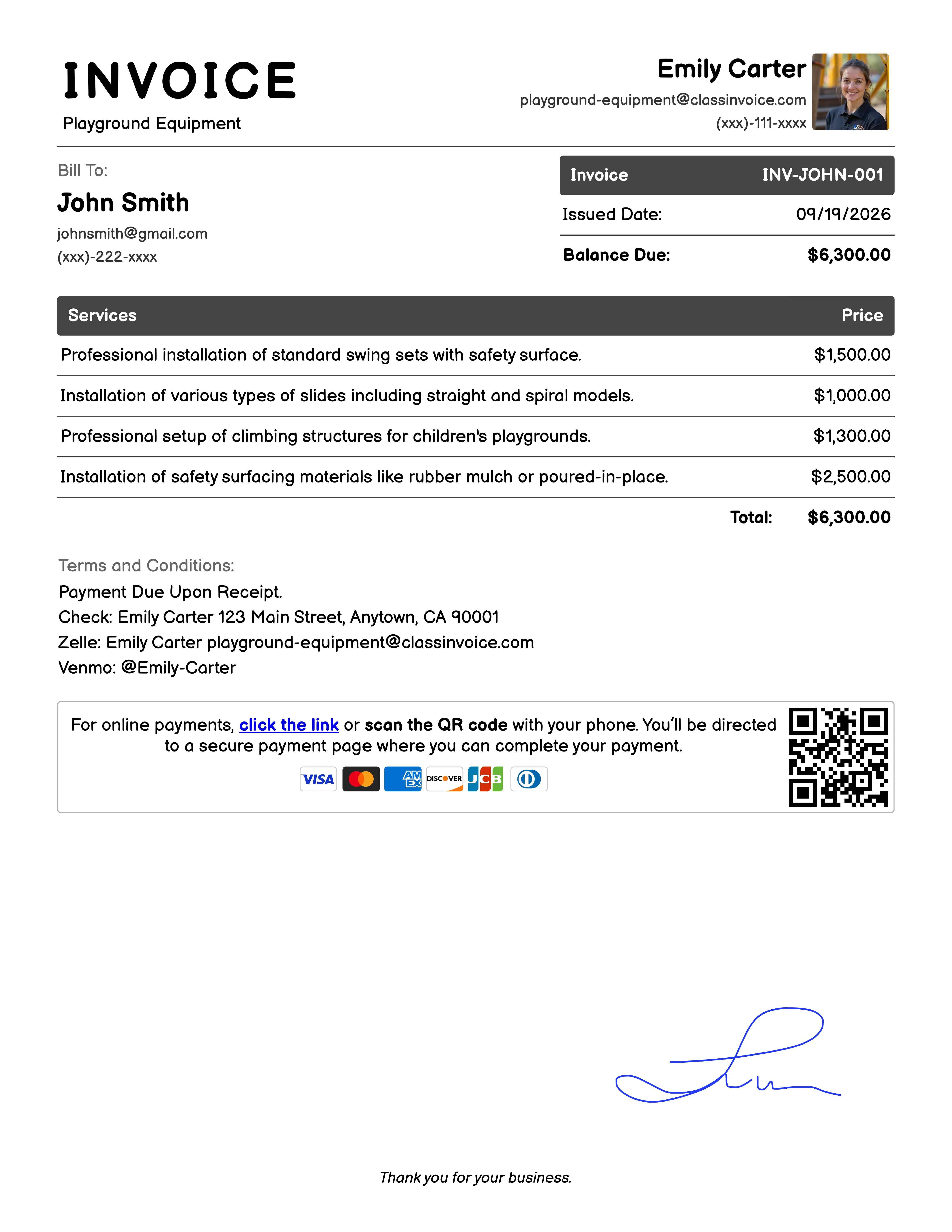 Playground Equipment Invoice Example