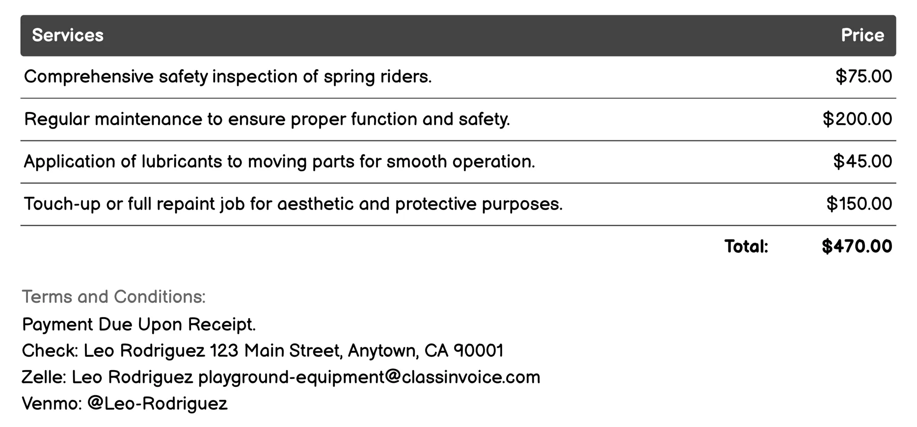 Spring Riders Invoice Example