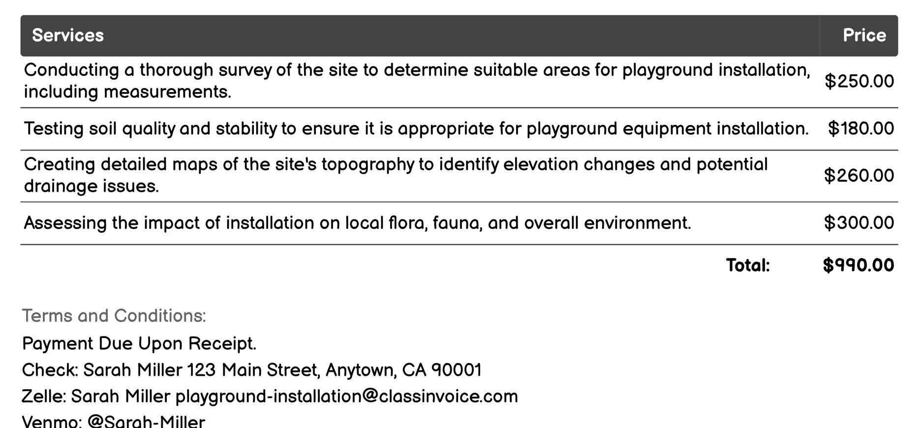Site Assessment and Preparation Invoice Example