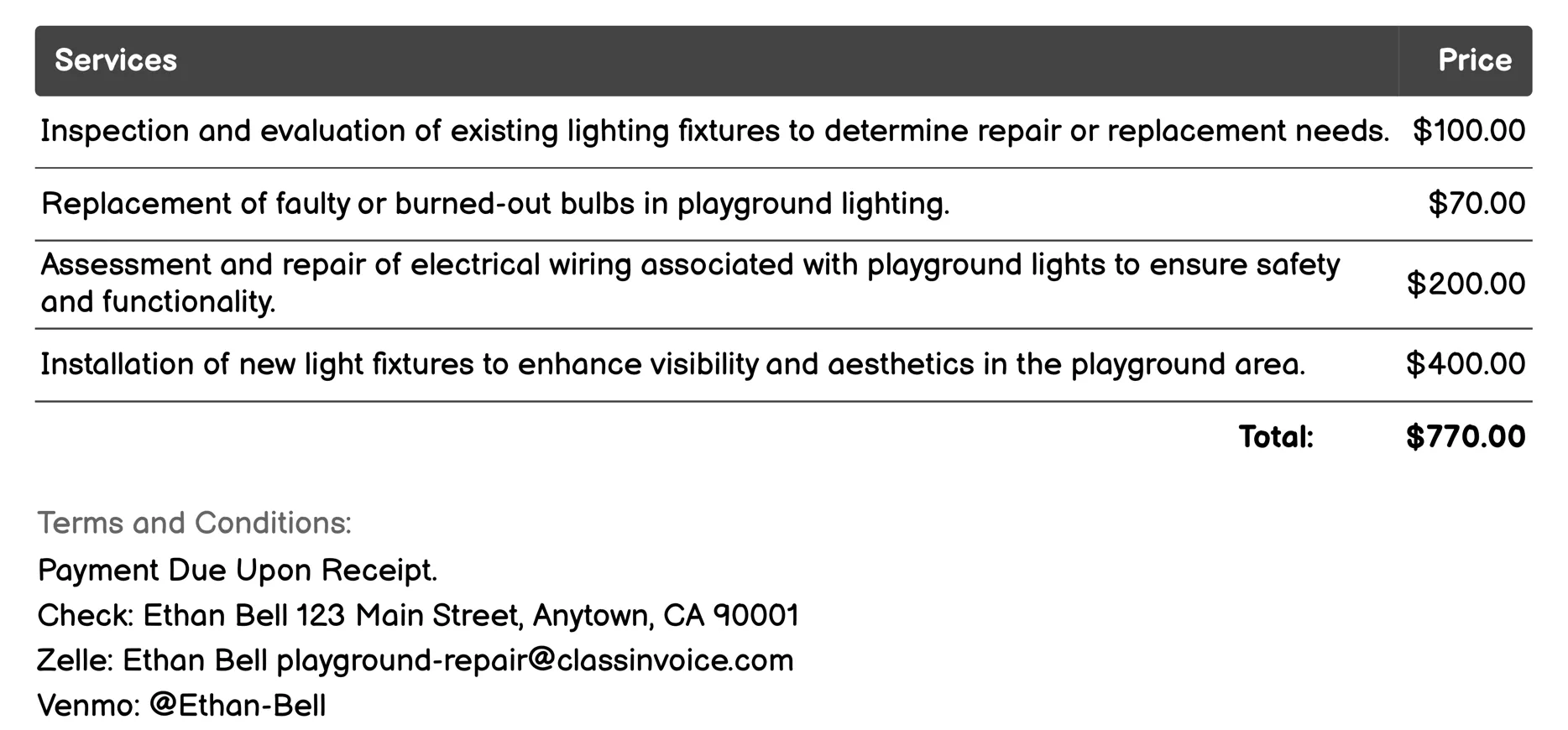 Lighting Installation/Repair Invoice Example
