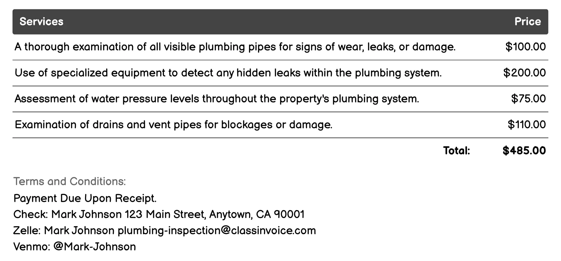 Routine Maintenance Check Invoice Example
