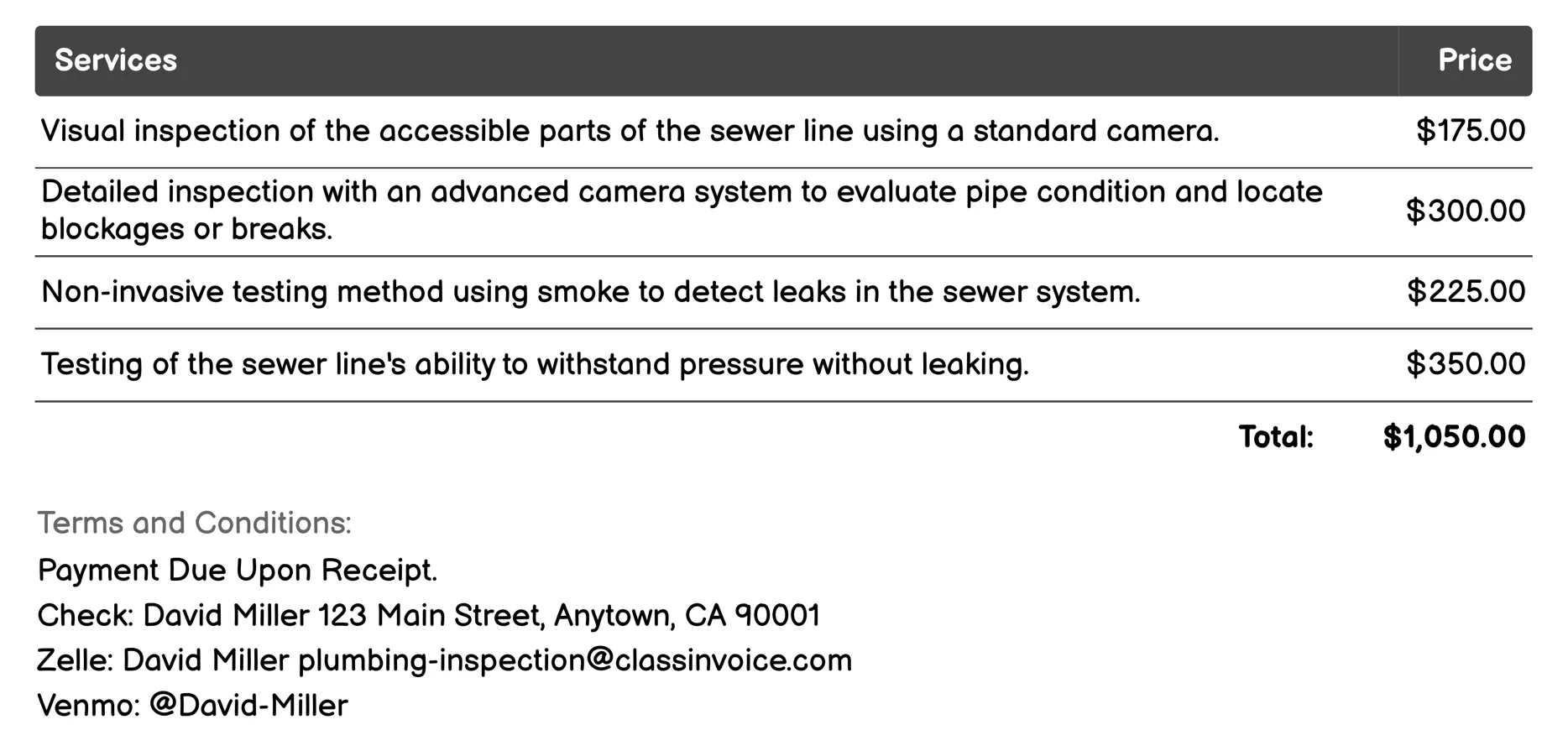 Sewer Line Evaluation Invoice Example