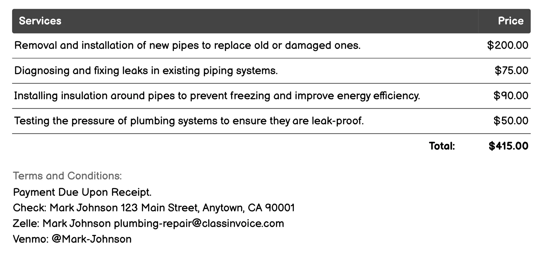 Pipe Installation and Replacement Invoice Example