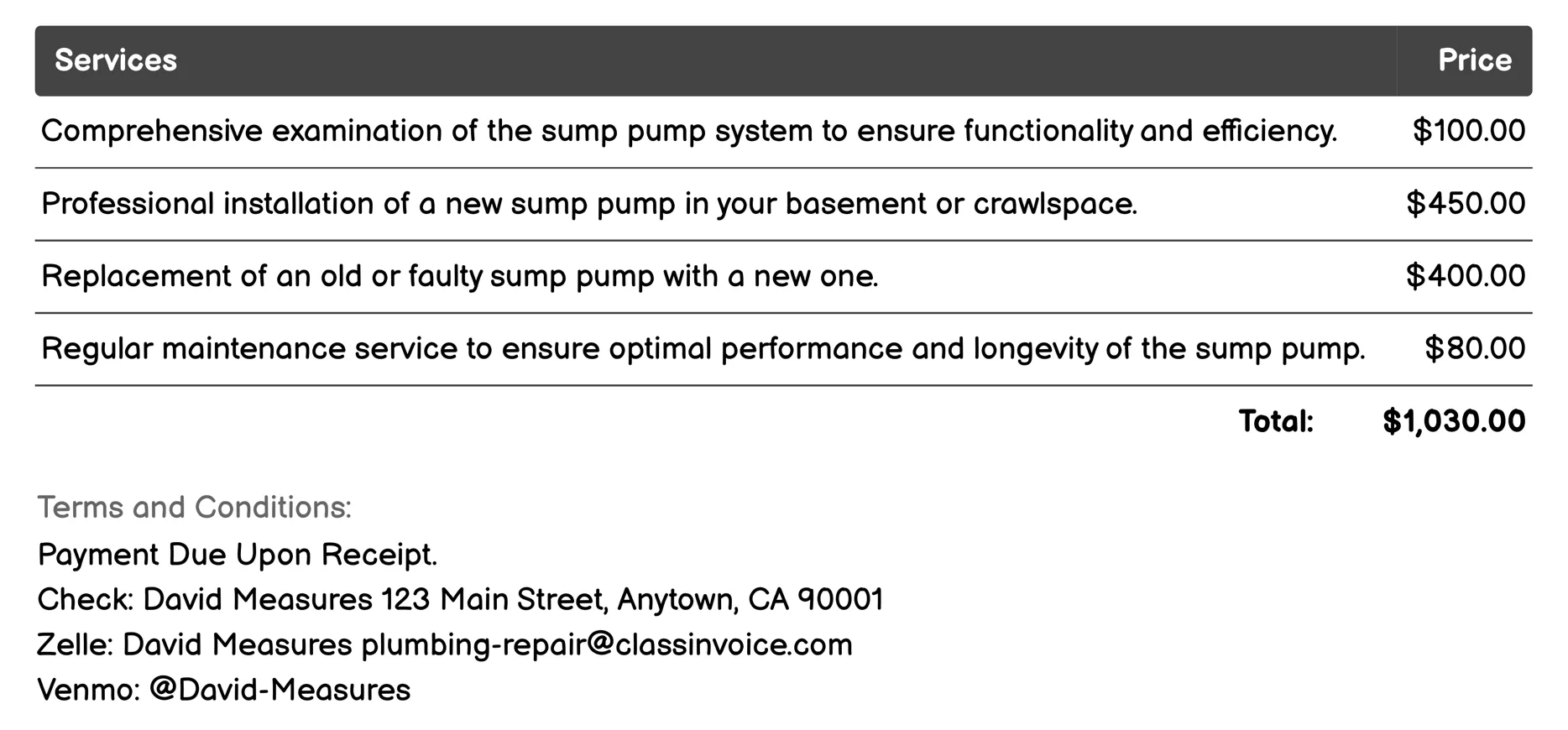 Sump Pump Services Invoice Example