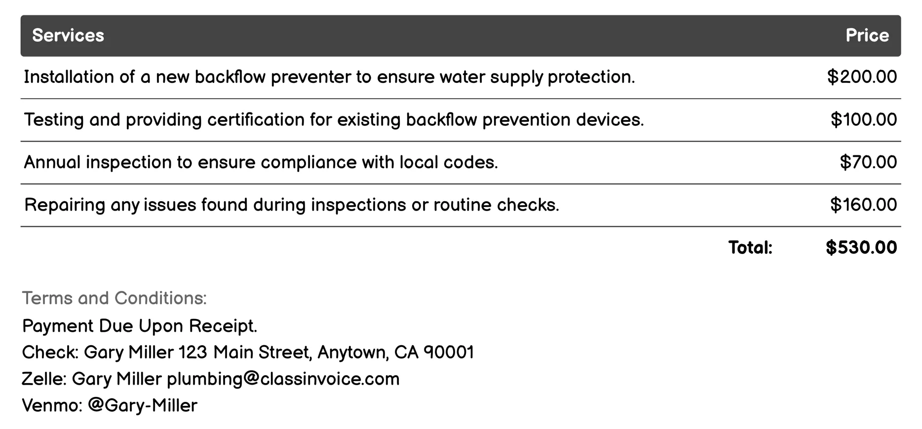 Backflow Prevention Invoice Example