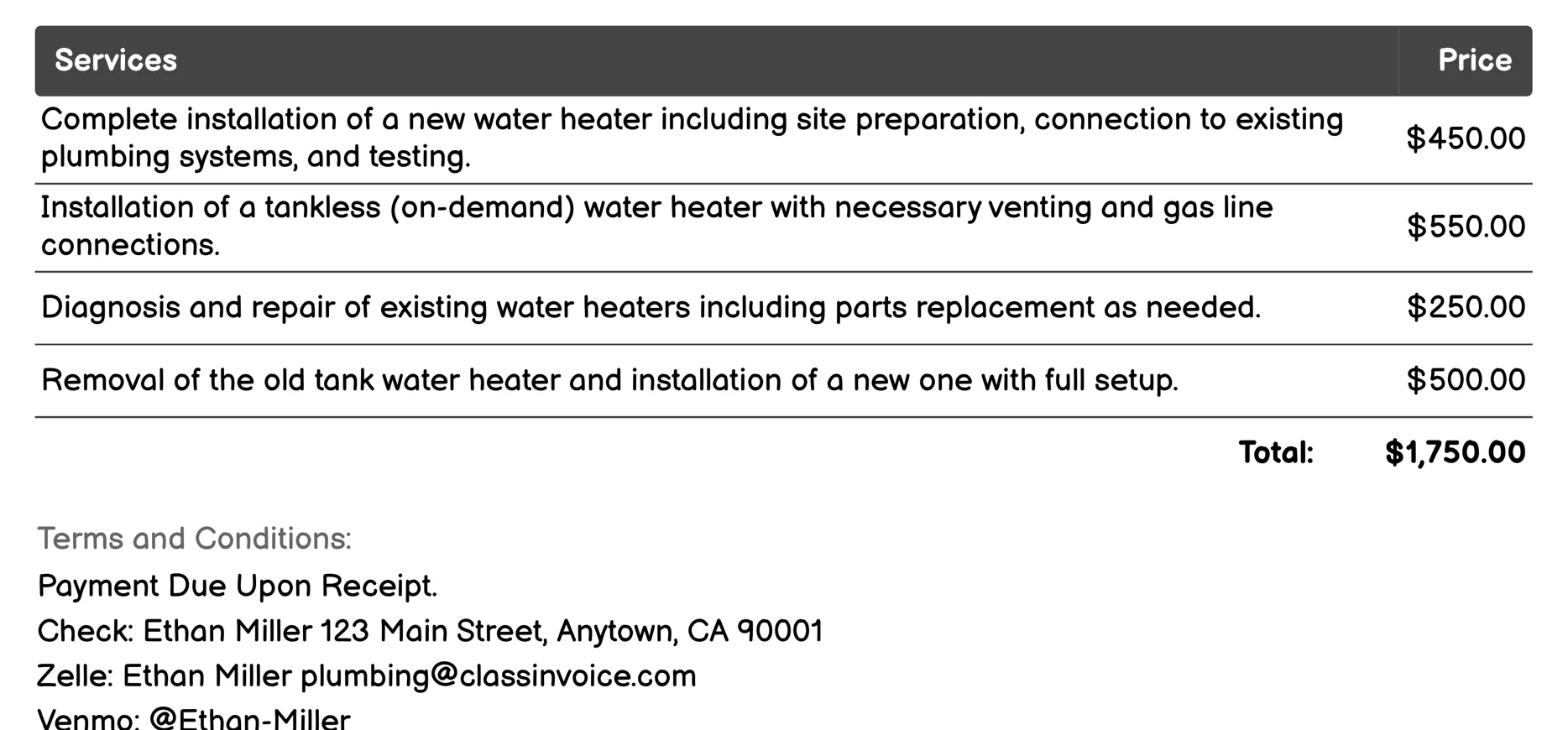Water Heater Installation/Repair Invoice Example