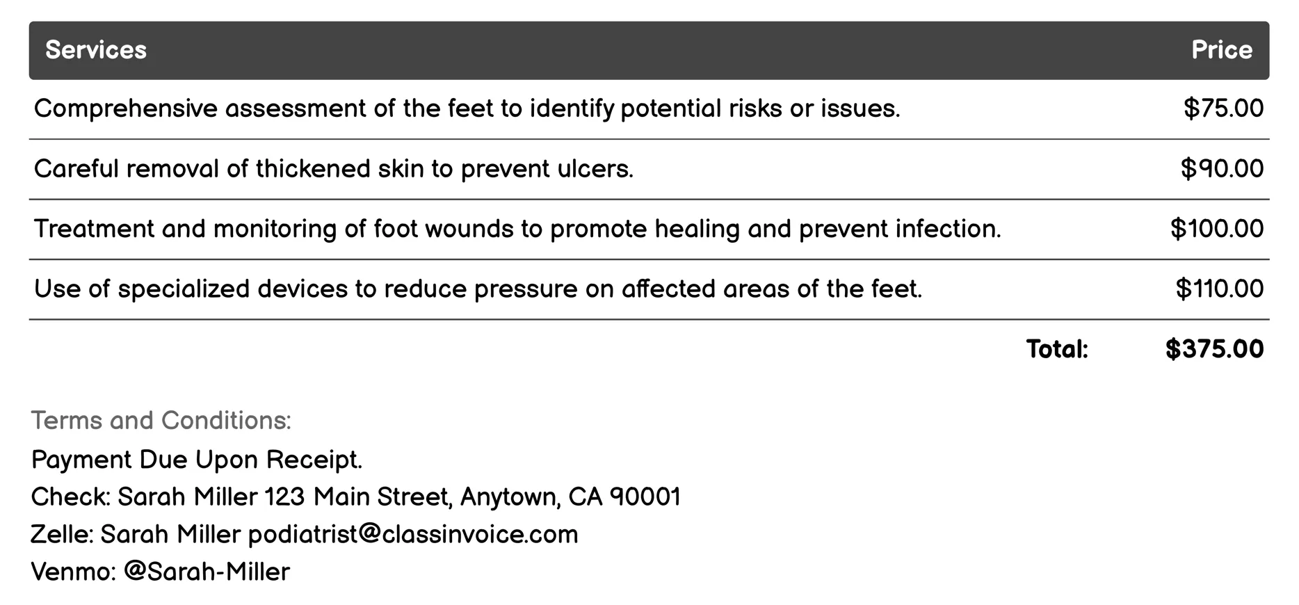 Diabetic Foot Care Invoice Example