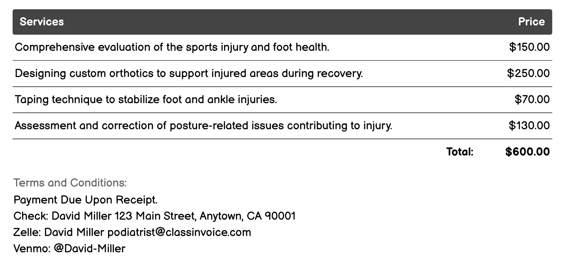 Sports Injury Rehabilitation Invoice Example