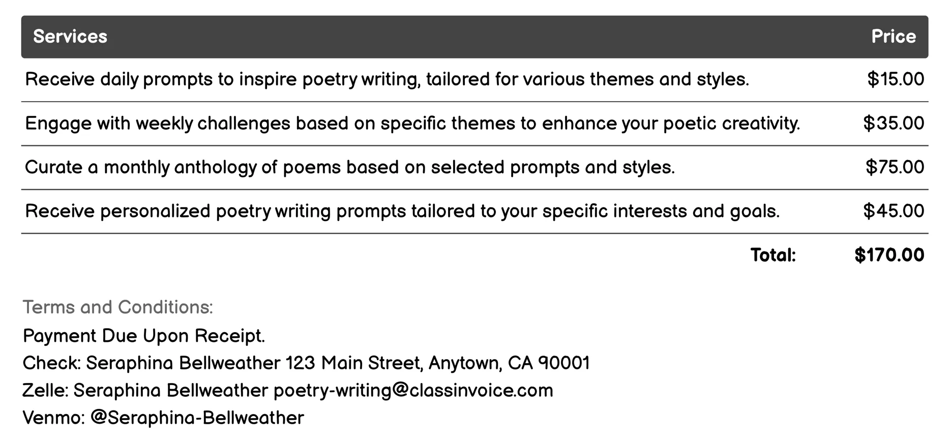 Creative Writing Prompts Invoice Example