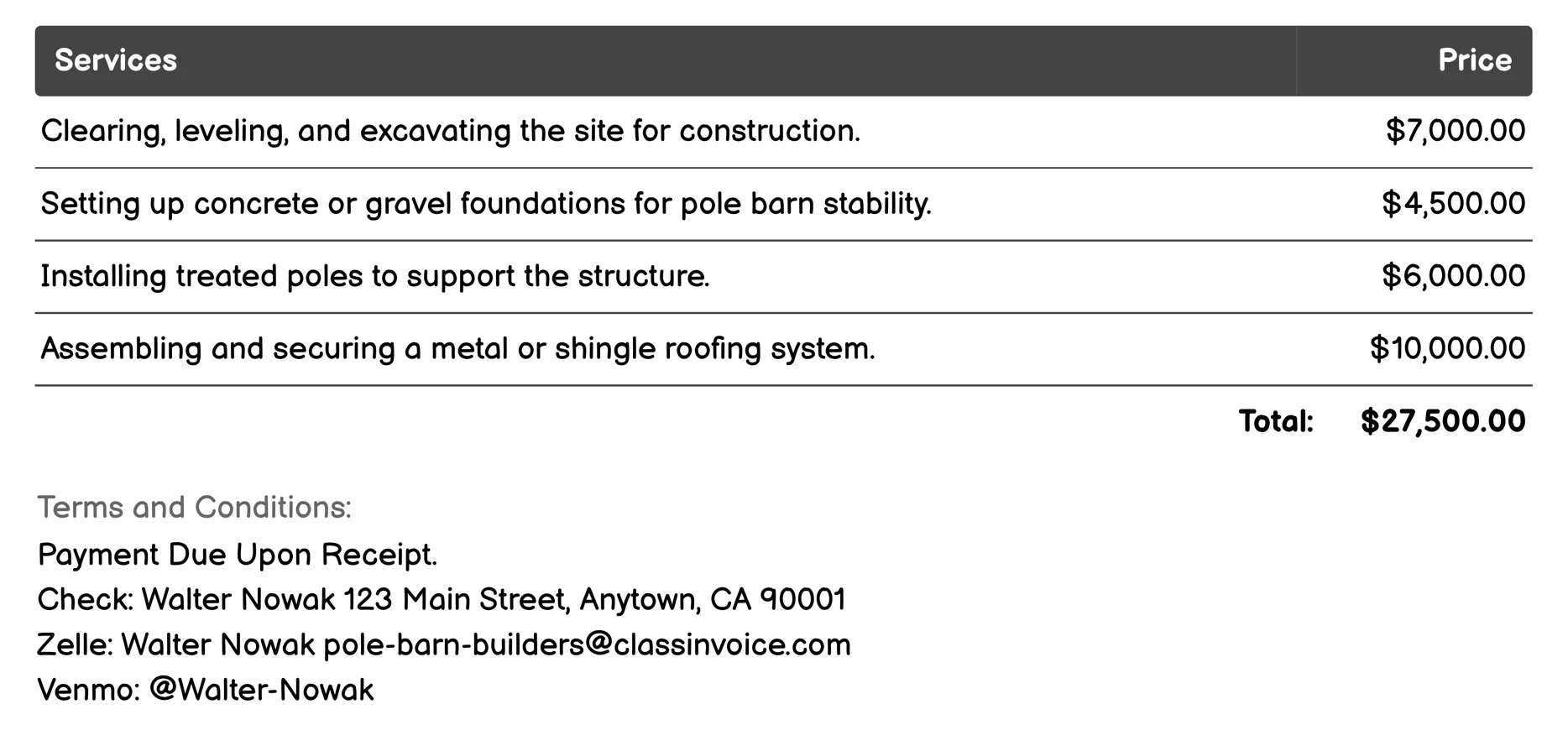 Agricultural Barn Construction Invoice Example