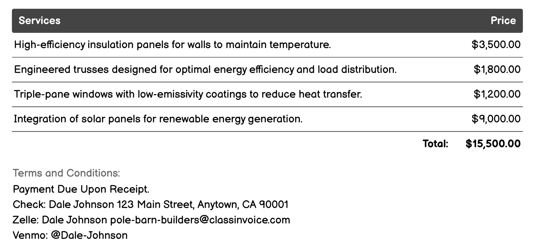 Energy-Efficient Pole Barn Solutions Invoice Example