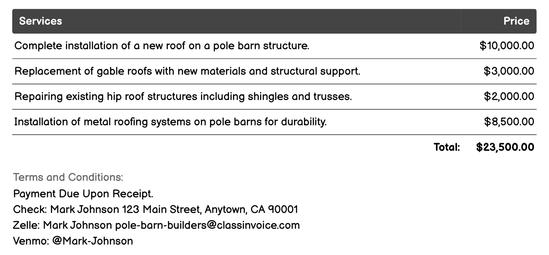 Pole Barn Roofing Services Invoice Example