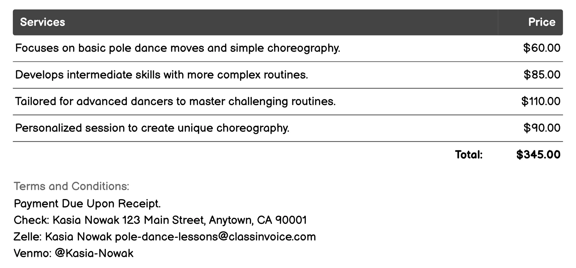 Freestyle Choreography Lessons Invoice Example