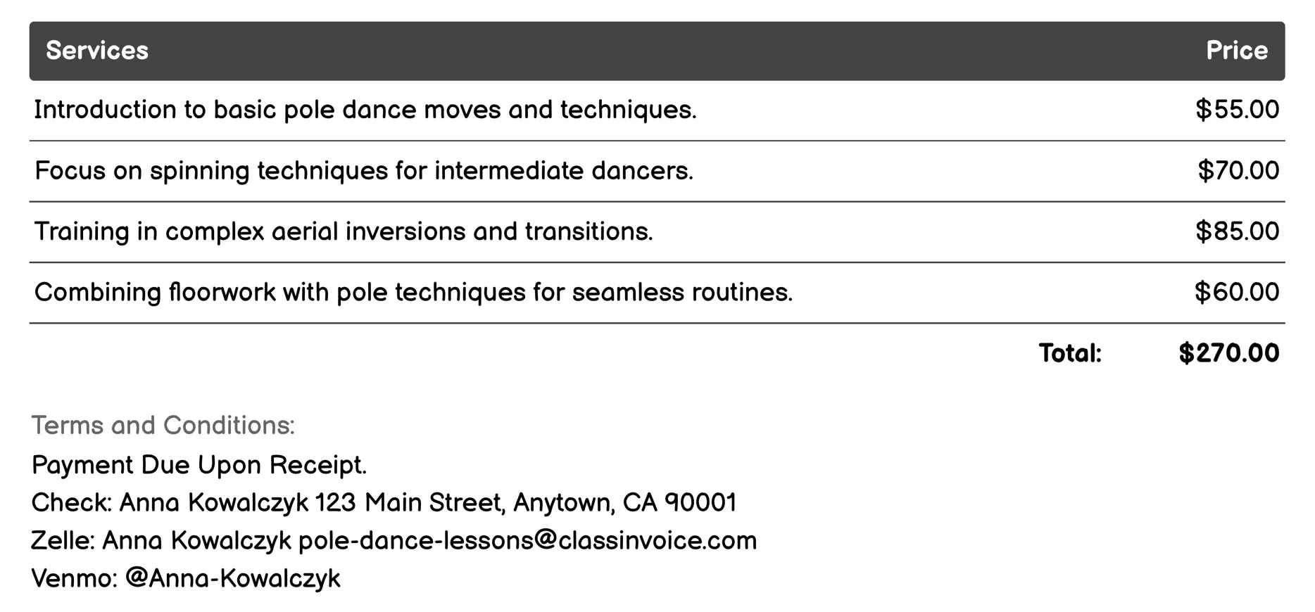 Performance Preparation Classes Invoice Example