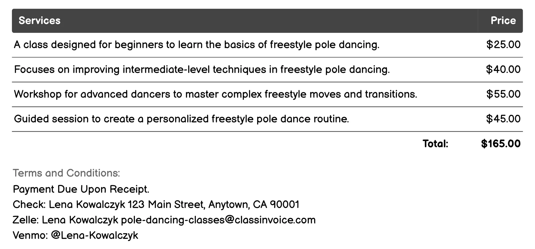 Freestyle Pole Dancing Invoice Example