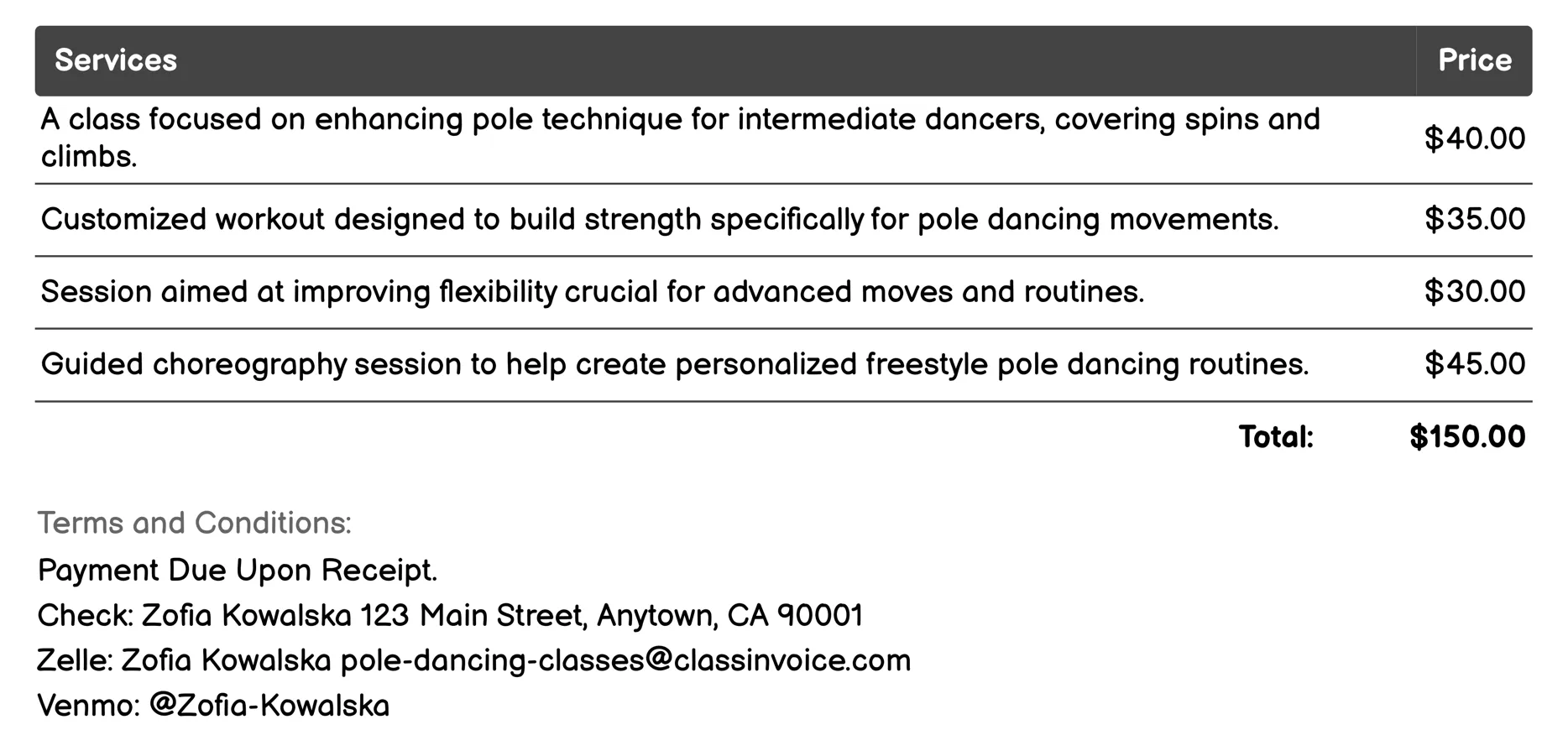 Intermediate Pole Dancing Invoice Example